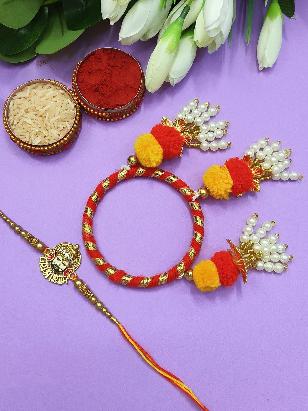 

StileAdda Bhaiya Bhabhi Thread Rakhis With Roli Chawal And Chandan & Mishri, Red