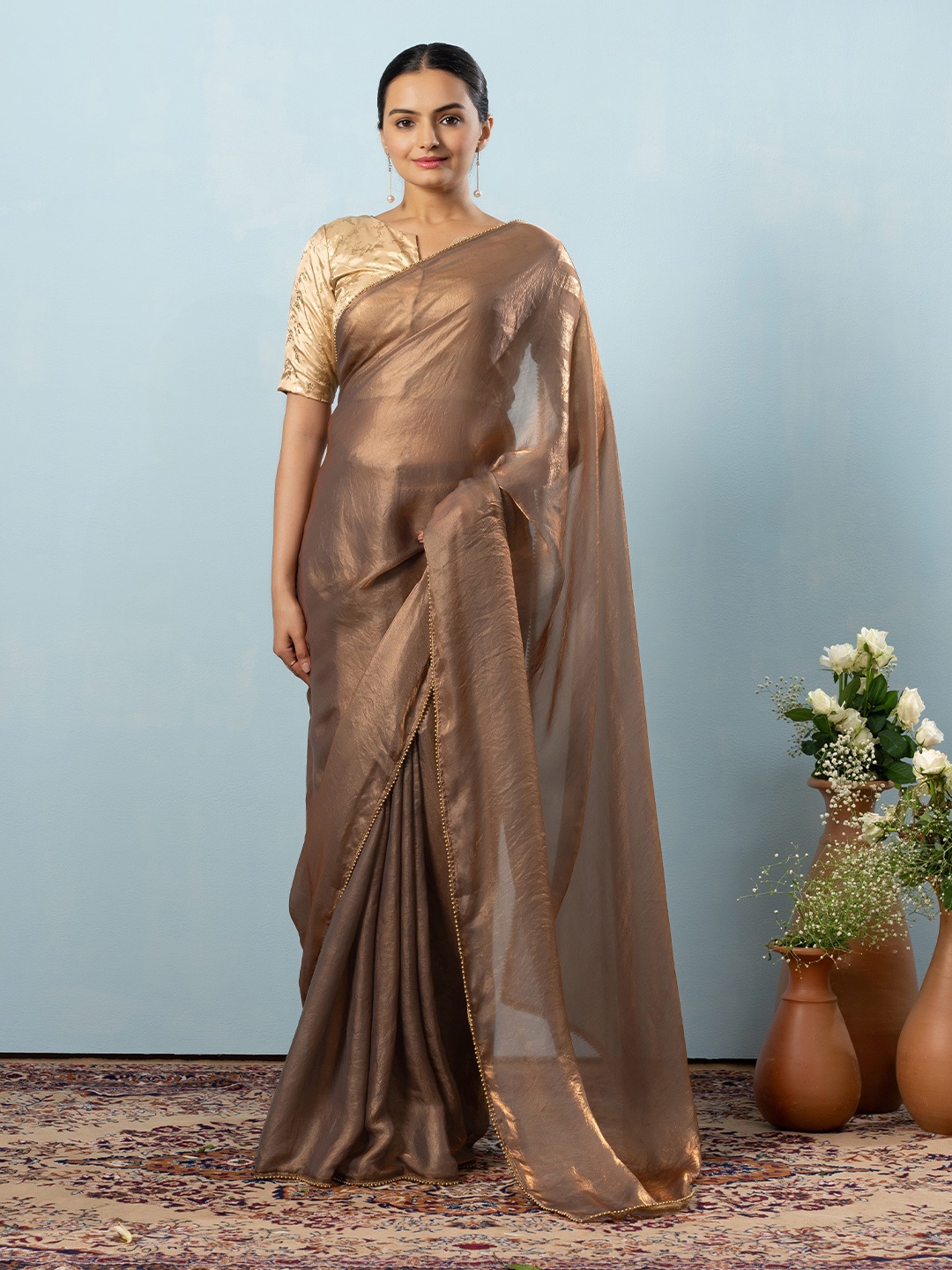 

RACHNA Beads and Stones Ready to Wear Saree, Brown