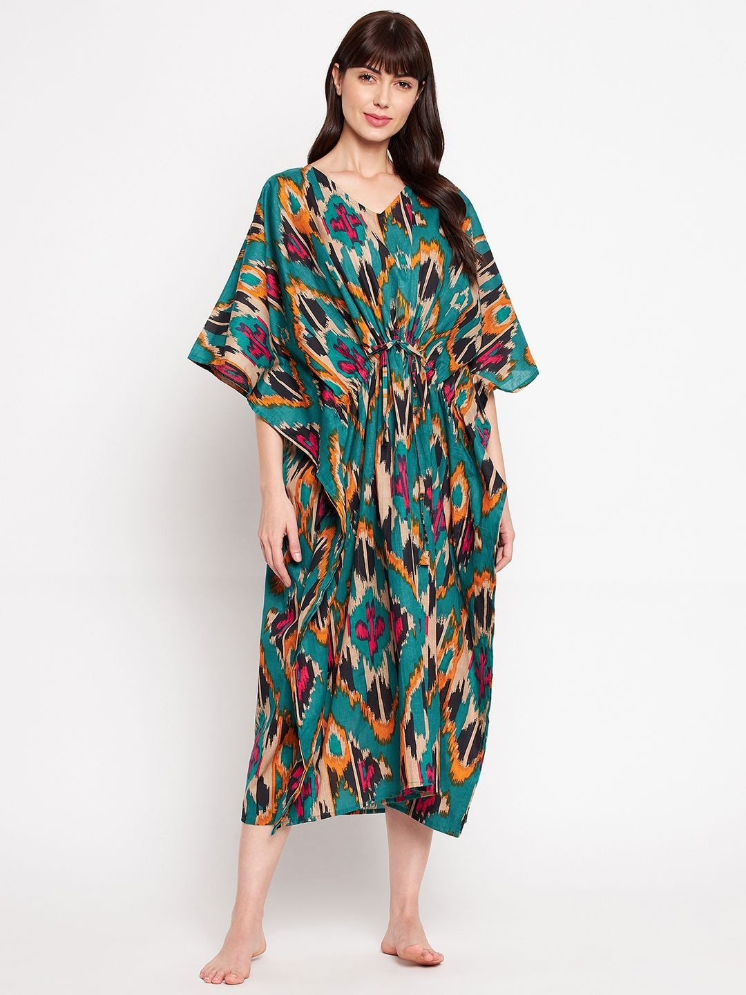 

SECRETS BY ZEROKAATA Women Printed Pure Cotton Kaftan Nightdress, Green