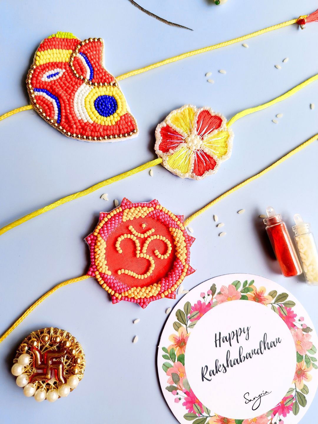 

Sangria Set Of 3 Embellished Wraparound Rakhi, Red