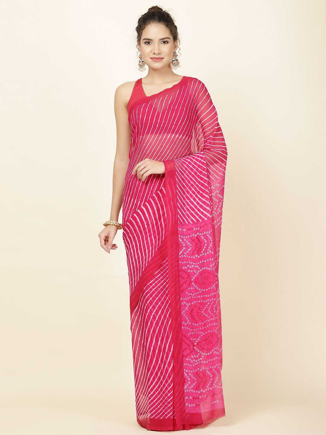 

Meena Bazaar Printed Bandhani Poly Georgette Saree, Pink