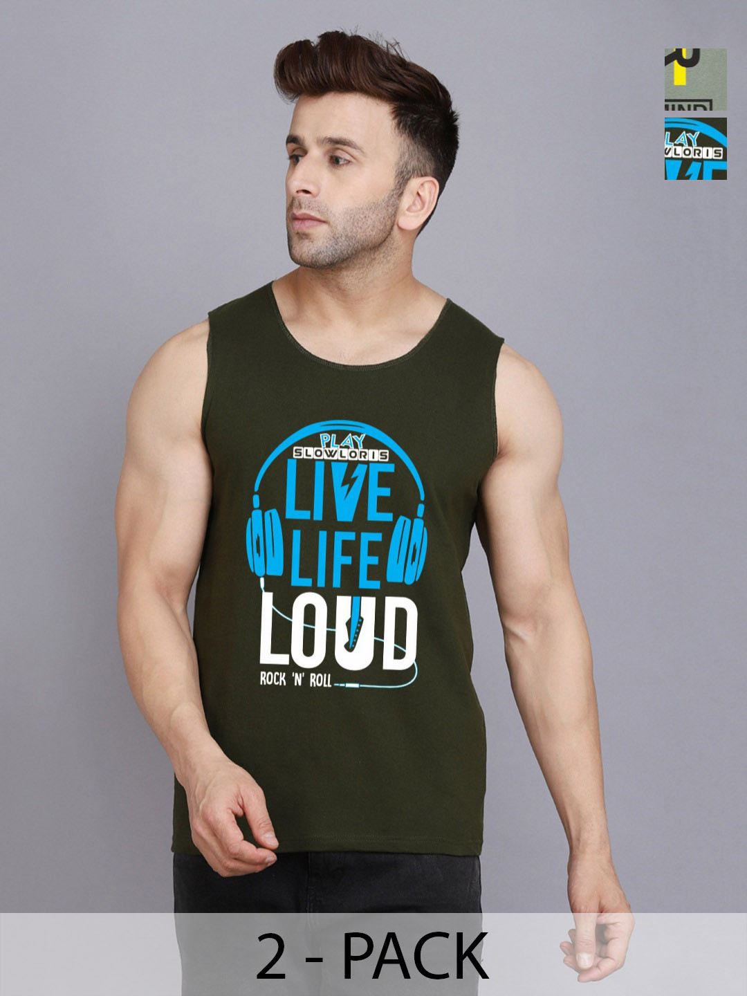 

SLOWLORIS Men Pack Of 2 Typography Printed Round Neck Cotton Slim Fit T-shirts, Olive