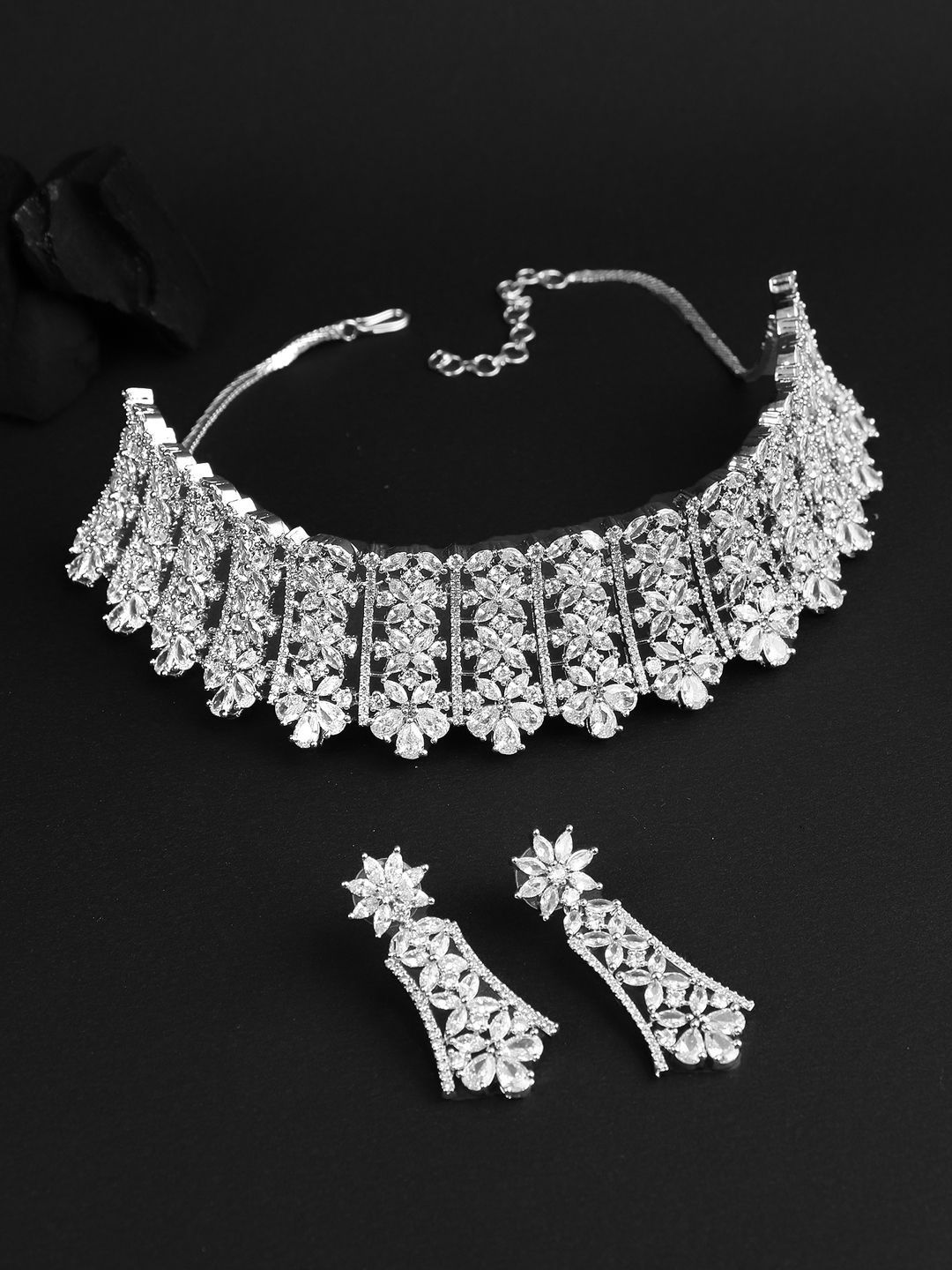 

Adwitiya Collection Rhodium-Plated CZ Stone-Studded Necklace and Earrings, Silver