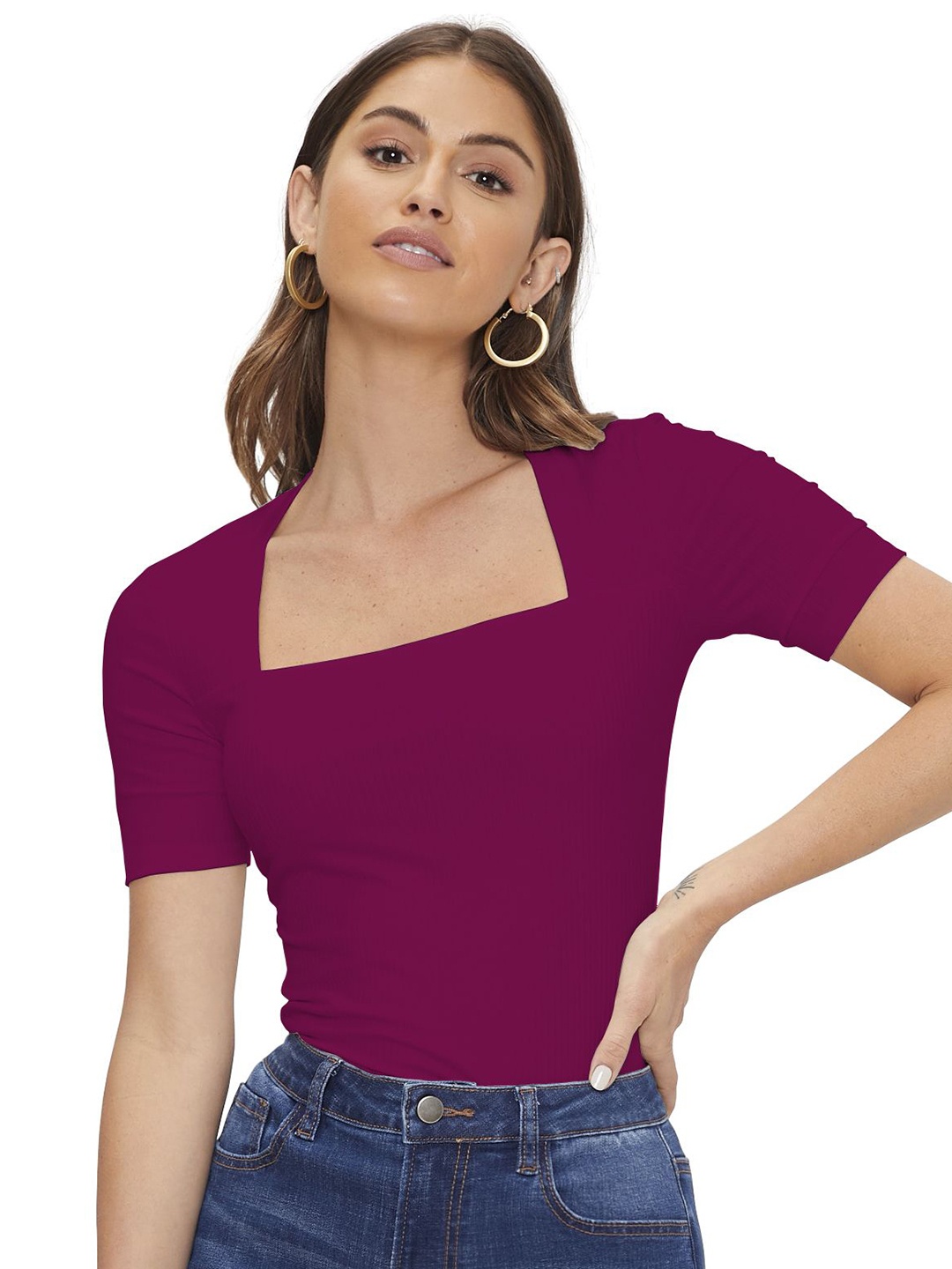

BAESD Women Solid Square Neck Top, Magenta