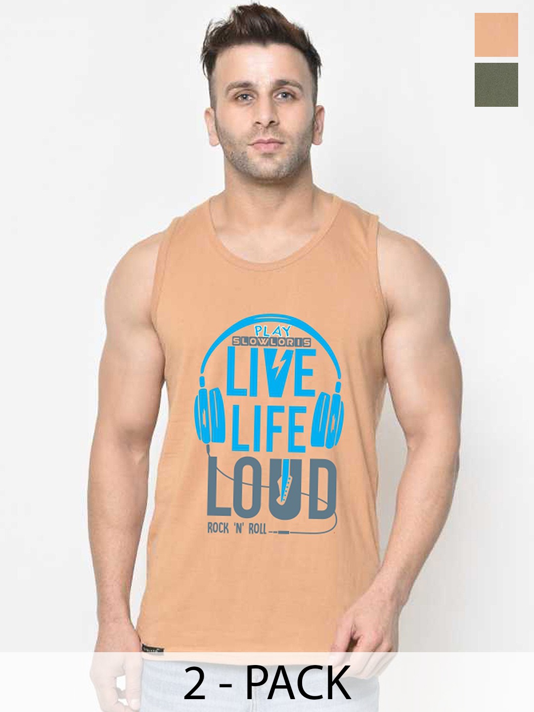 

SLOWLORIS Pack Of 2 Men Printed Gym Vests, Rust