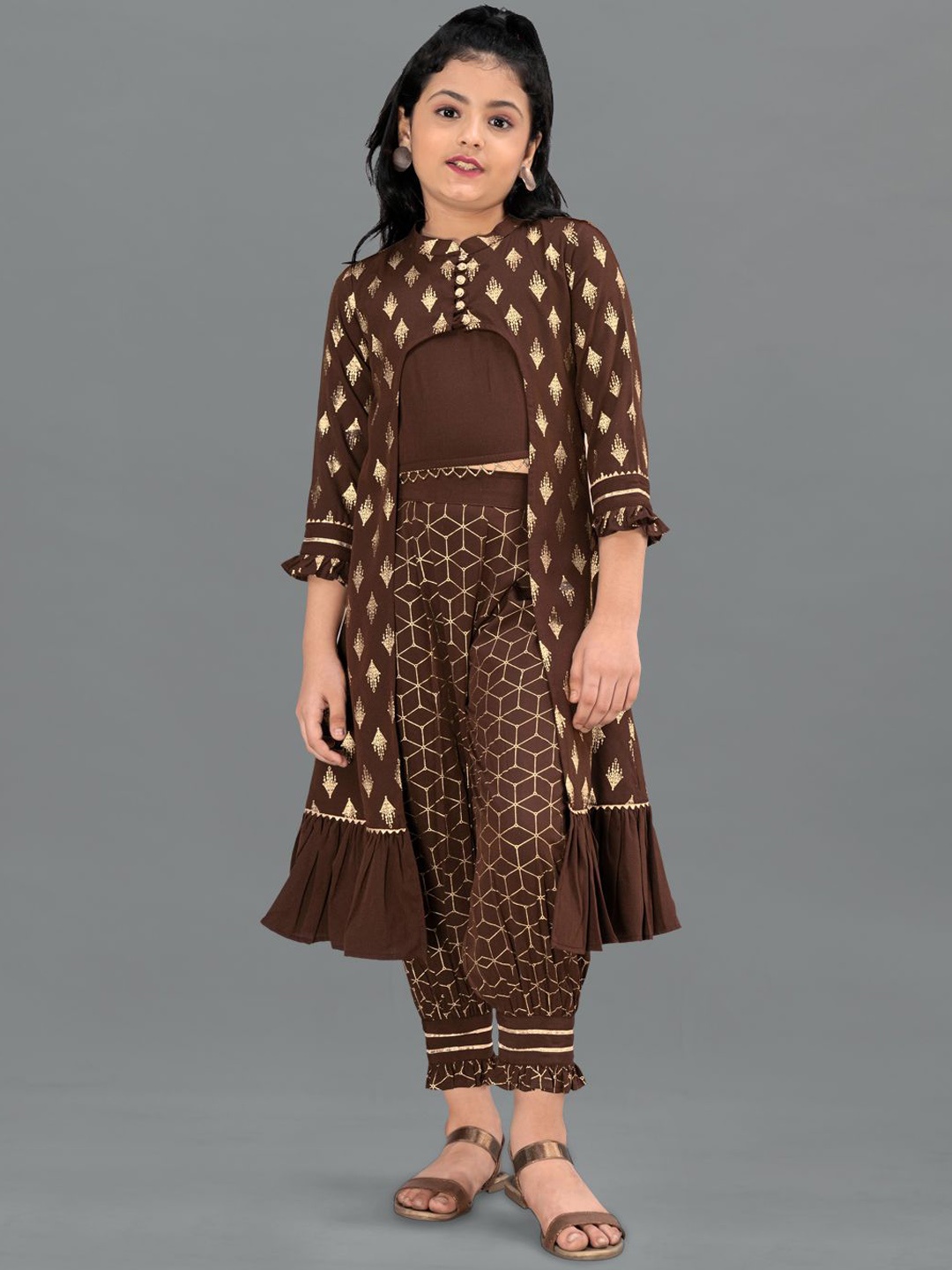 

BAESD Girls Ethnic Motifs Printed Regular Top with Trousers, Brown