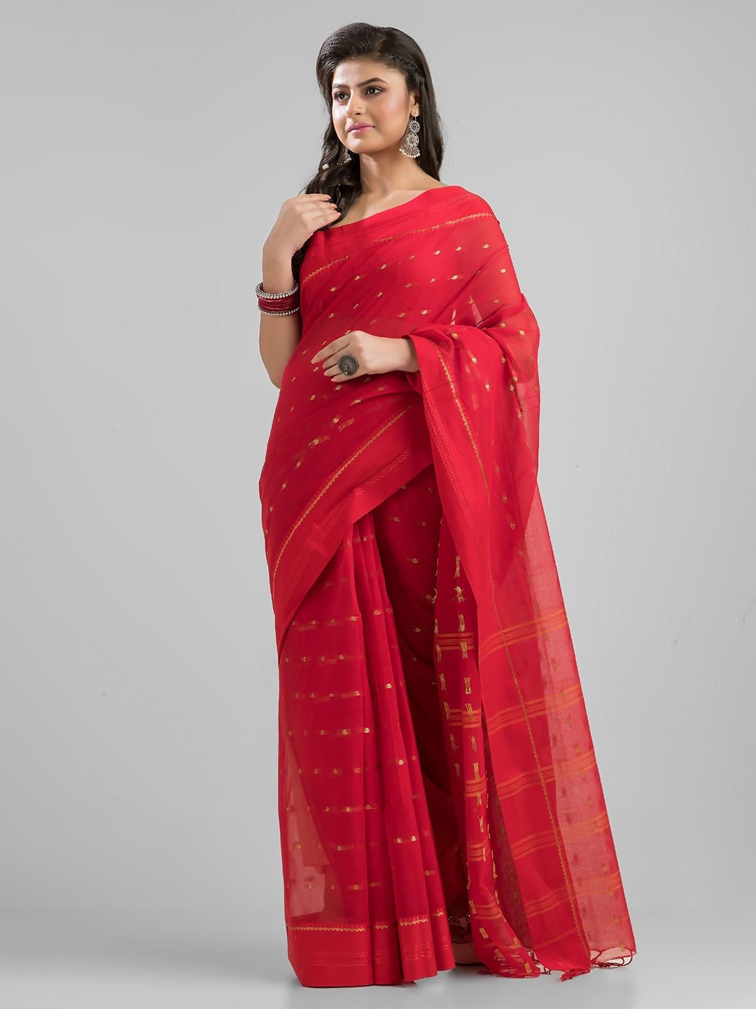 

SAJASAJO Woven Design Ethnic motifs Pure Cotton Fusion Saree, Red