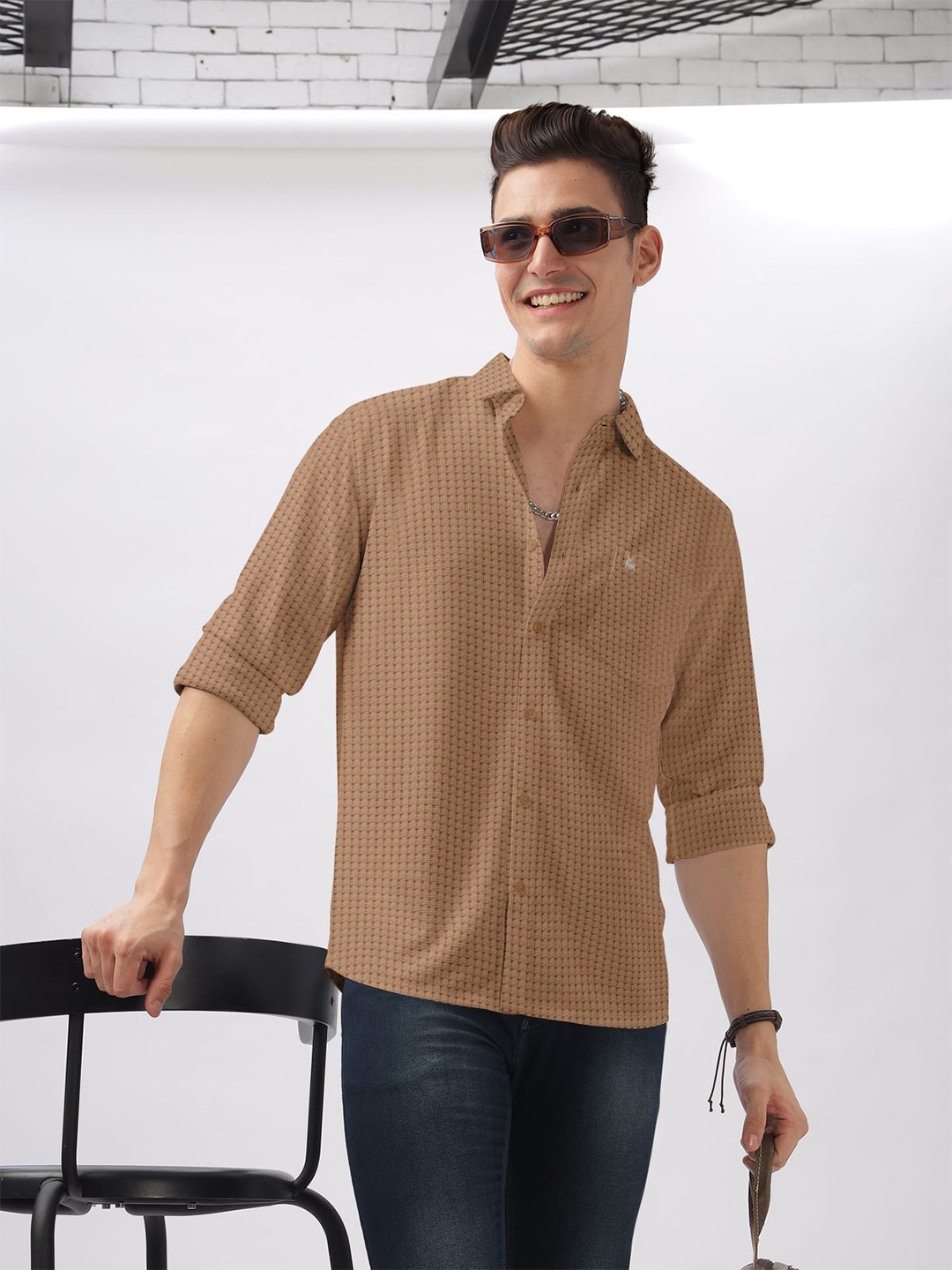 

BULLMER Men Mandarin Collar Self Design Cotton Casual Shirt, Brown