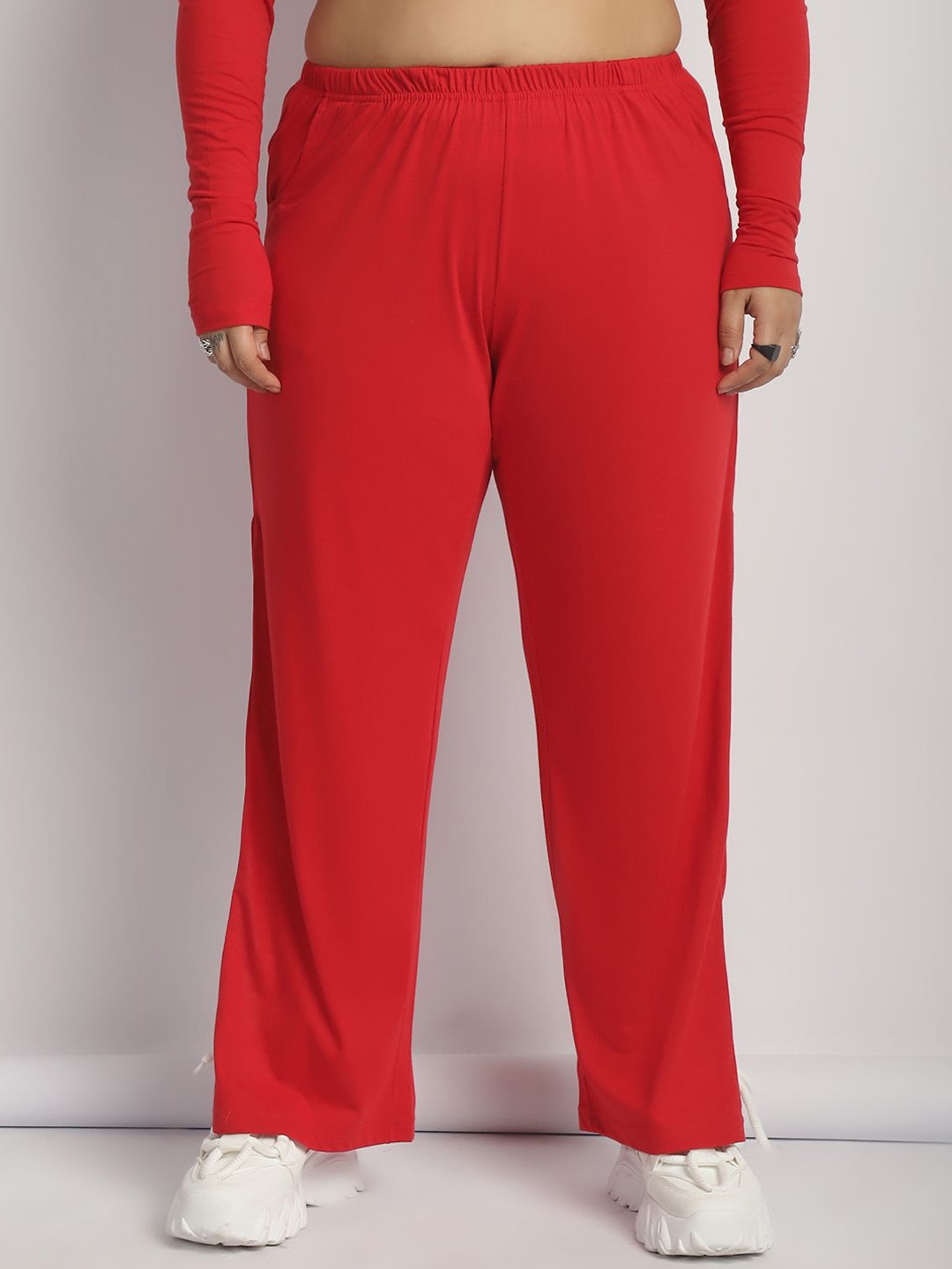 

thkgrlz Plus Size Women Relaxed High-Rise Cotton Easy Wash Trousers, Red