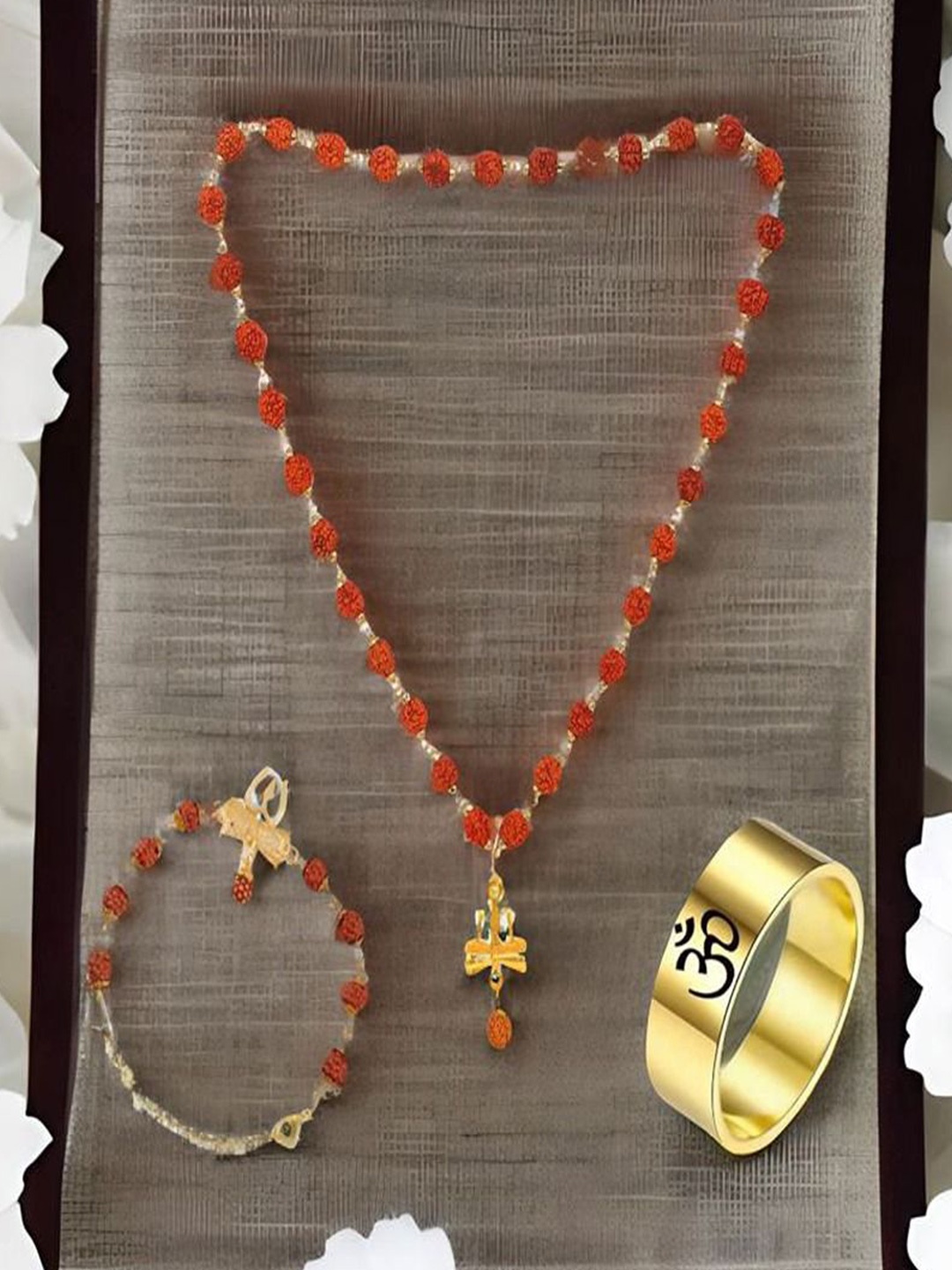 

UNIVERSITY TRENDZ Men Gold-Plated Rudraksh Trishul Necklace With Bracelet & Finger Ring