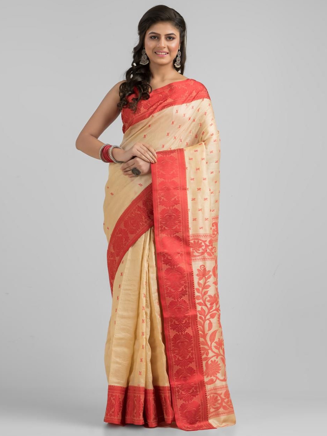 

SAJASAJO Ethnic Motifs Pure Silk Saree, Beige