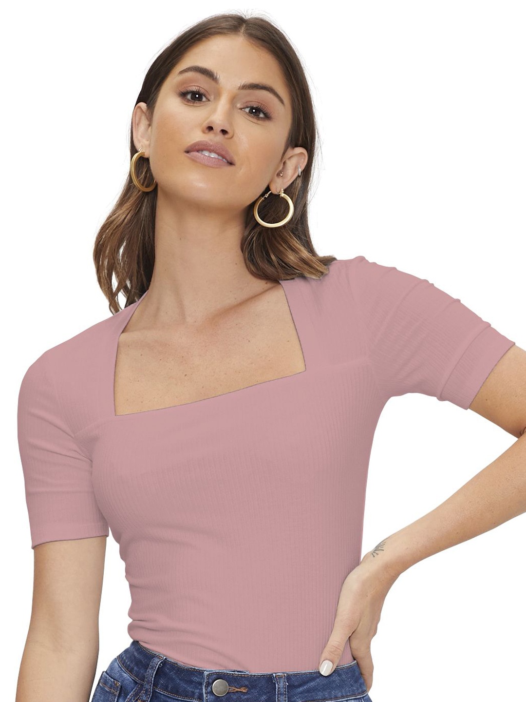 

BAESD Women Solid Square Neck Top, Peach