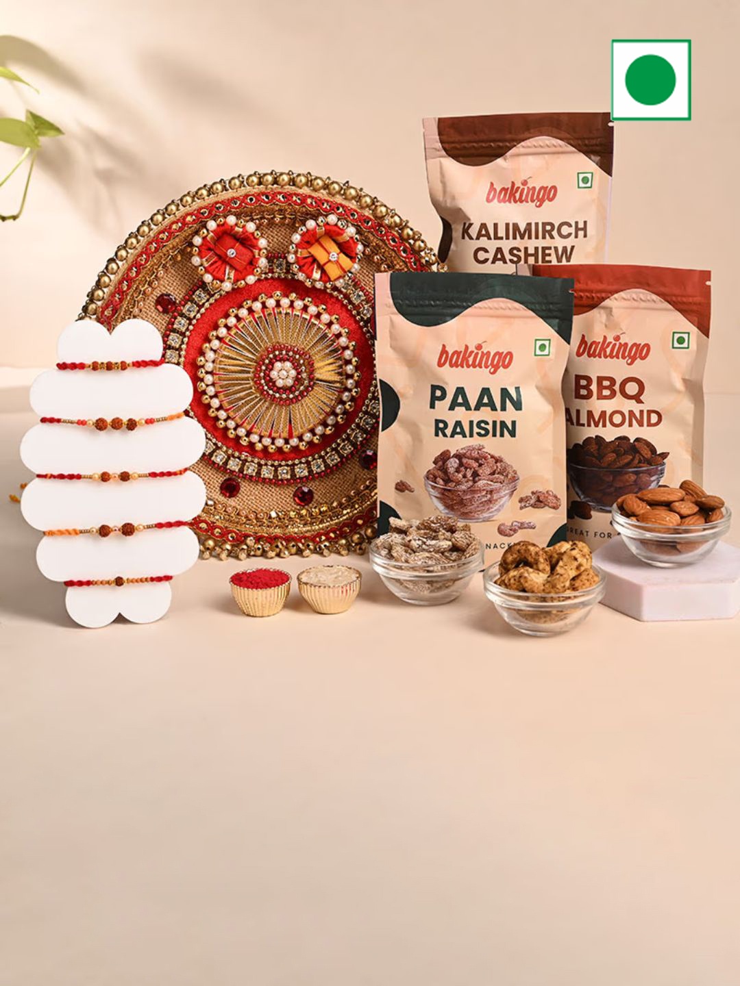 

Floweraura Set Of 5 Rakhi & Engraved Thali With Assorted Gifts, Red