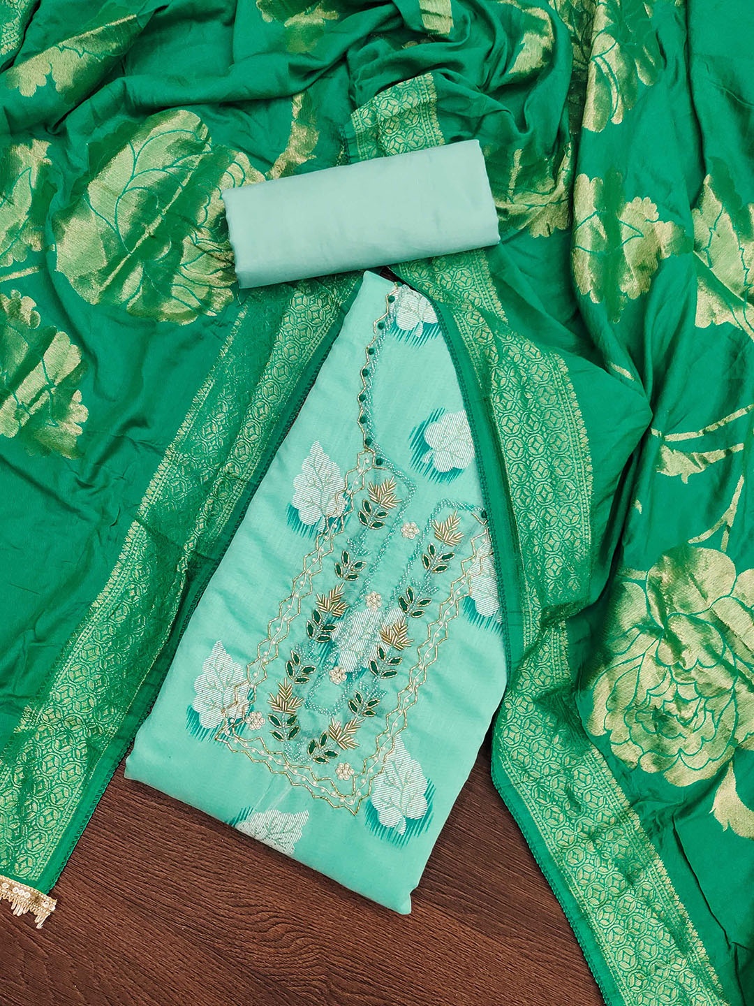 

MANVAA Floral Printed Beads and Stones Unstitched Dress Material, Sea green