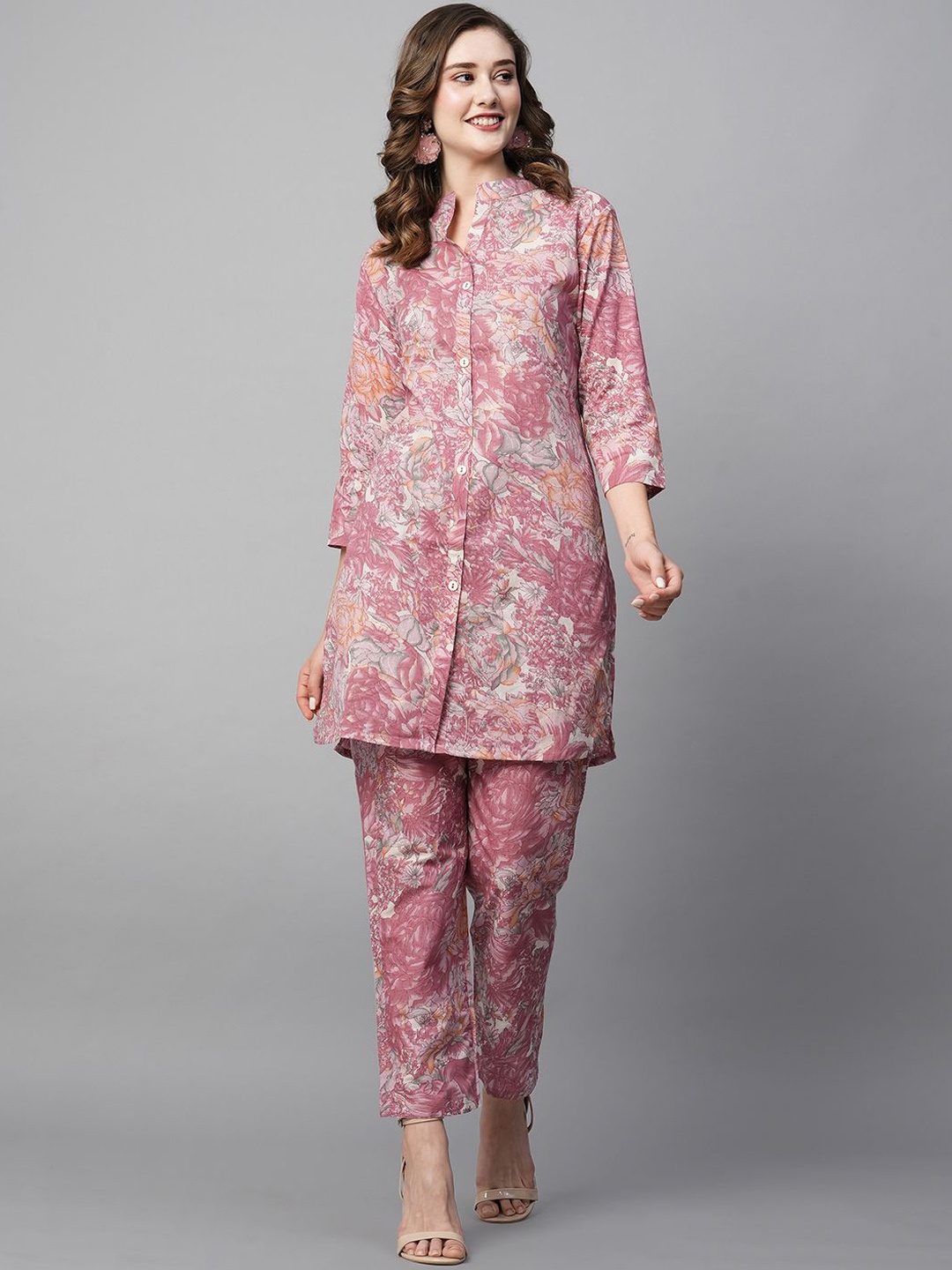 

KALINI Cotton Floral Printed Mandarin Collar Pure Cotton Tunic with Trousers, Pink