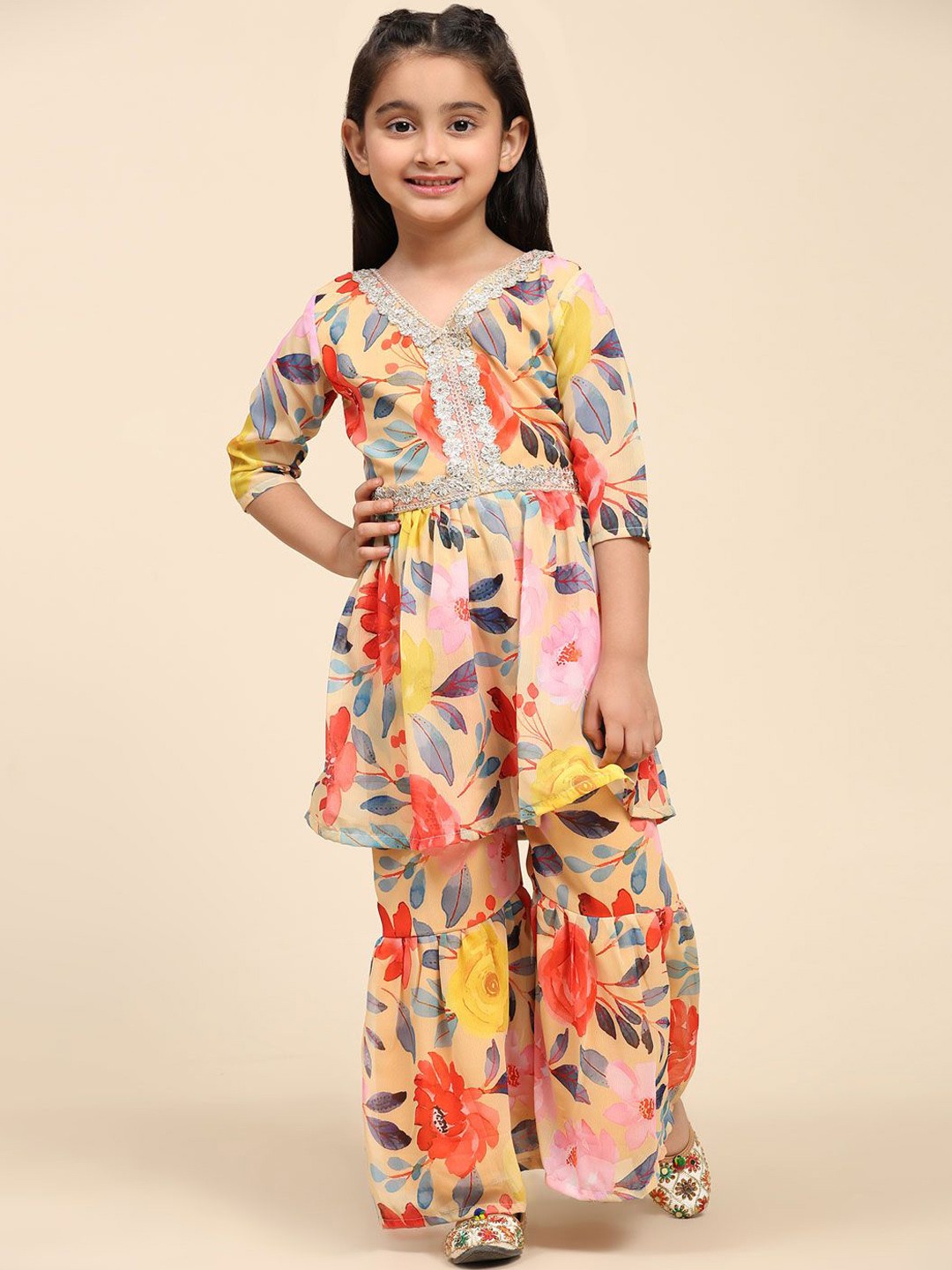 

SHIJILA Girls Floral Printed A Line Kurta with Sharara, Beige
