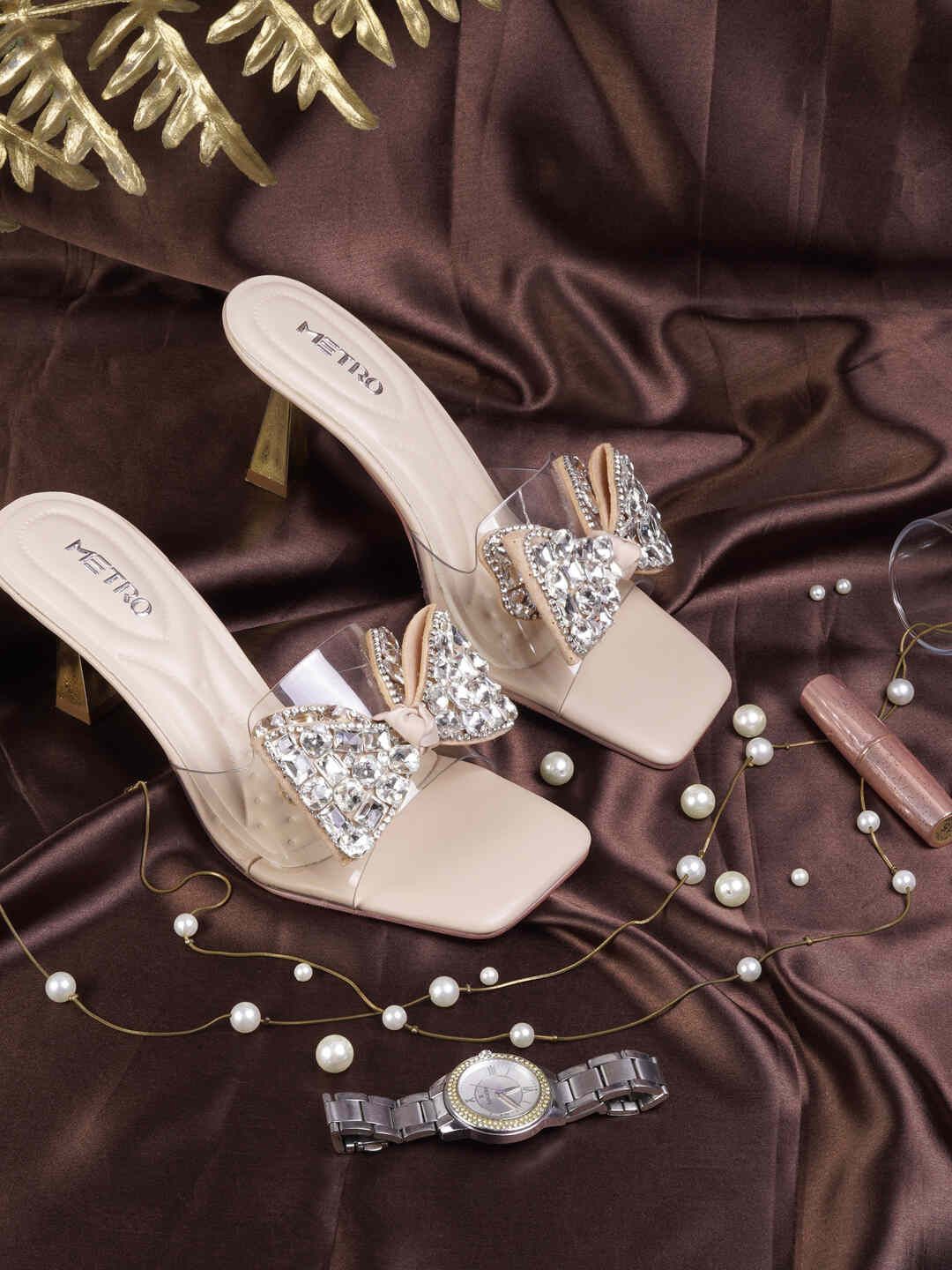 

Metro Women Embellished Block Sandals, Beige