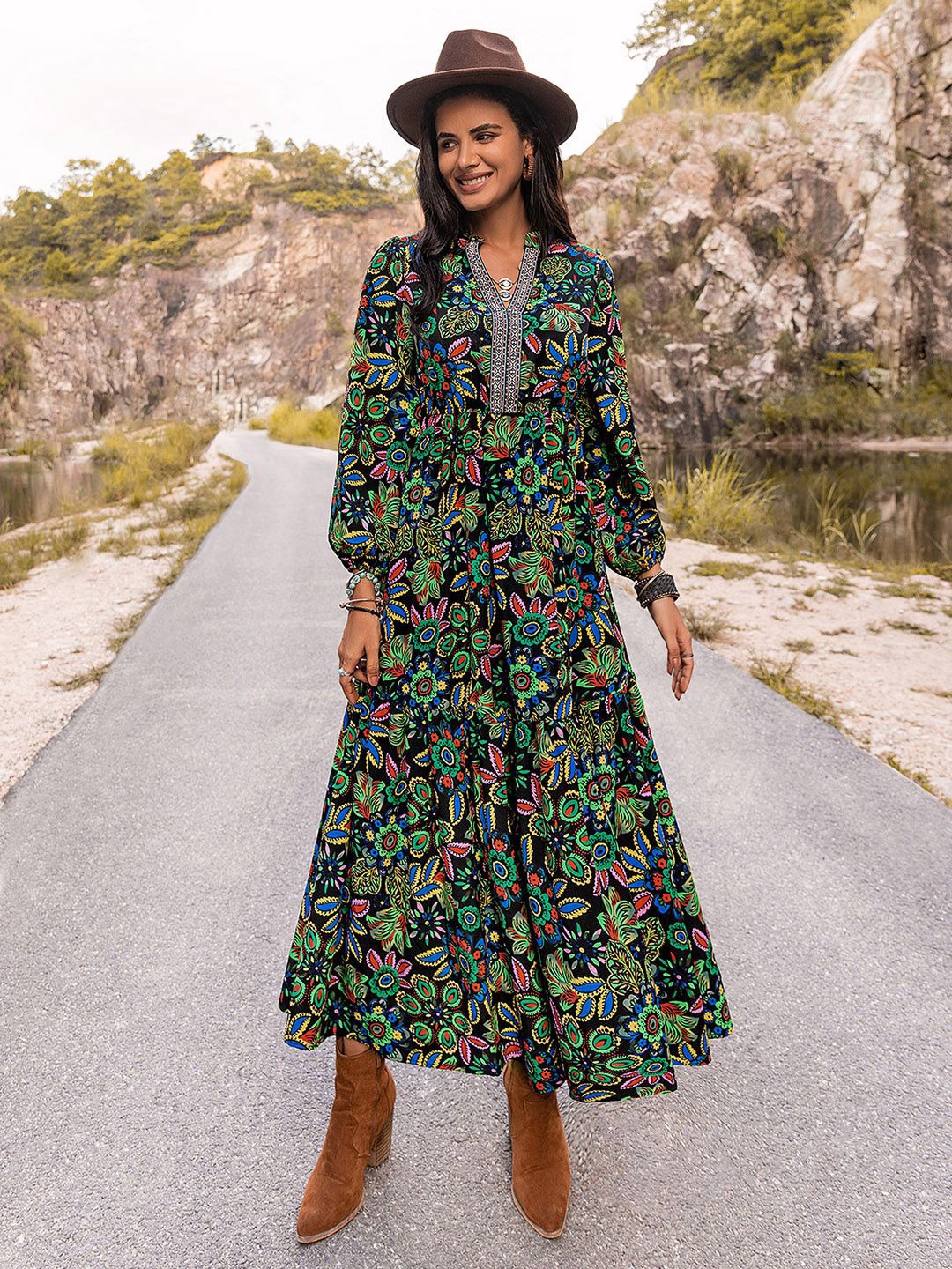 

JC Mode Floral Printed Puff Sleeves Fit & Flare Maxii Dress, Green