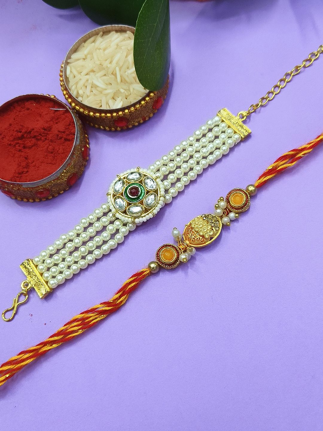 

StileAdda Bhaiya Bhabhi Stones Studded & Beaded Thread Rakhis With Roli Chawal, Red