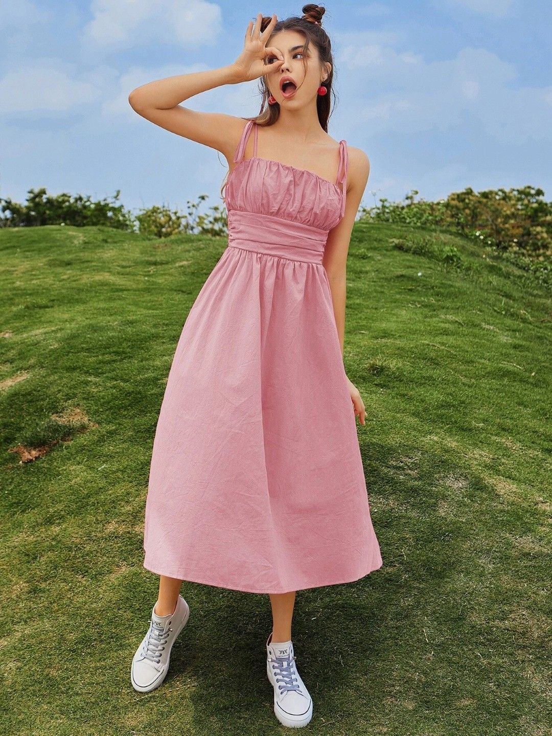 

StyleCast Shoulder Straps Solid A-Line Midi Dress, Pink
