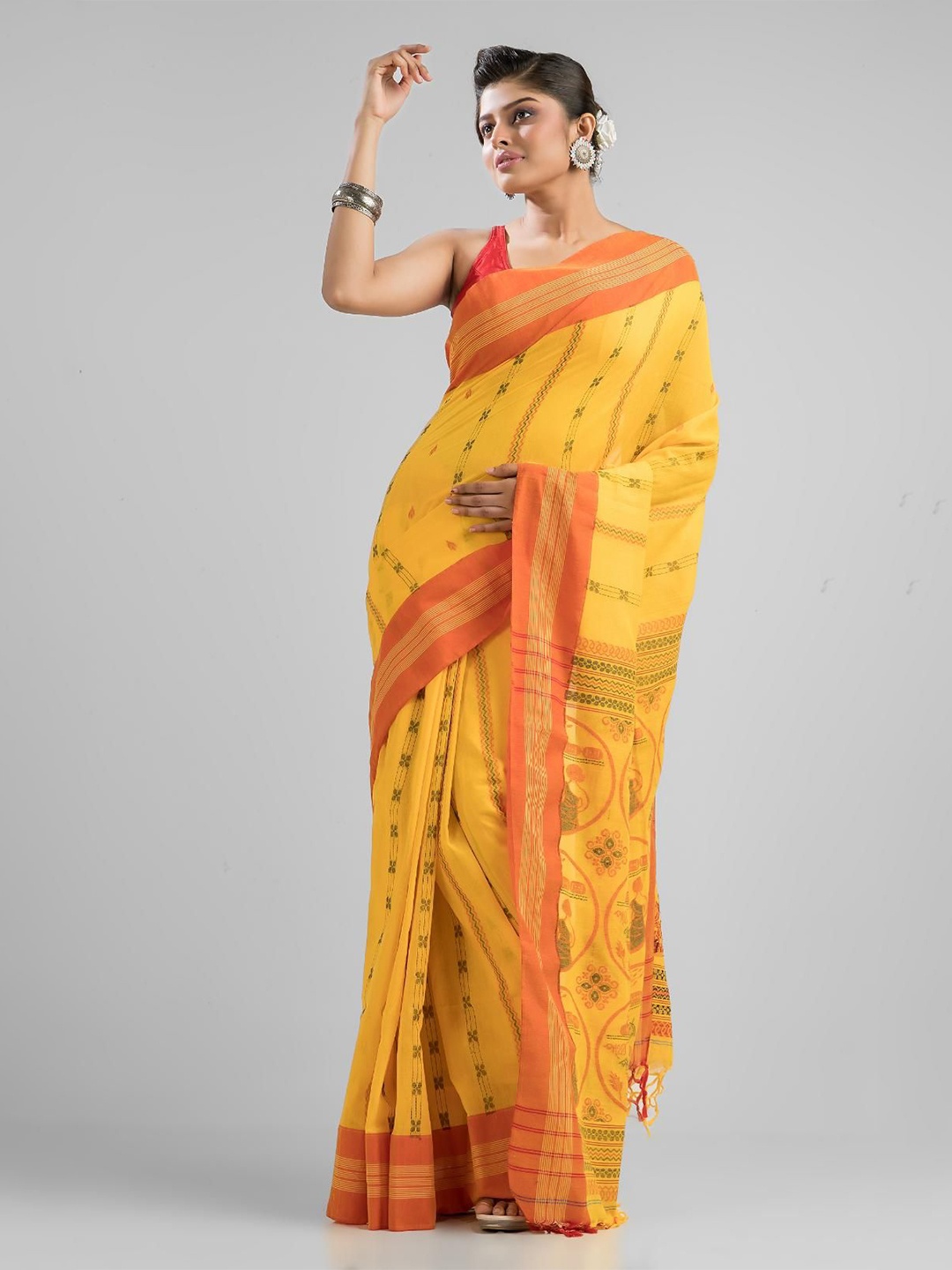 

SAJASAJO Woven Design Ethnic Motifs Pure Cotton Saree, Yellow