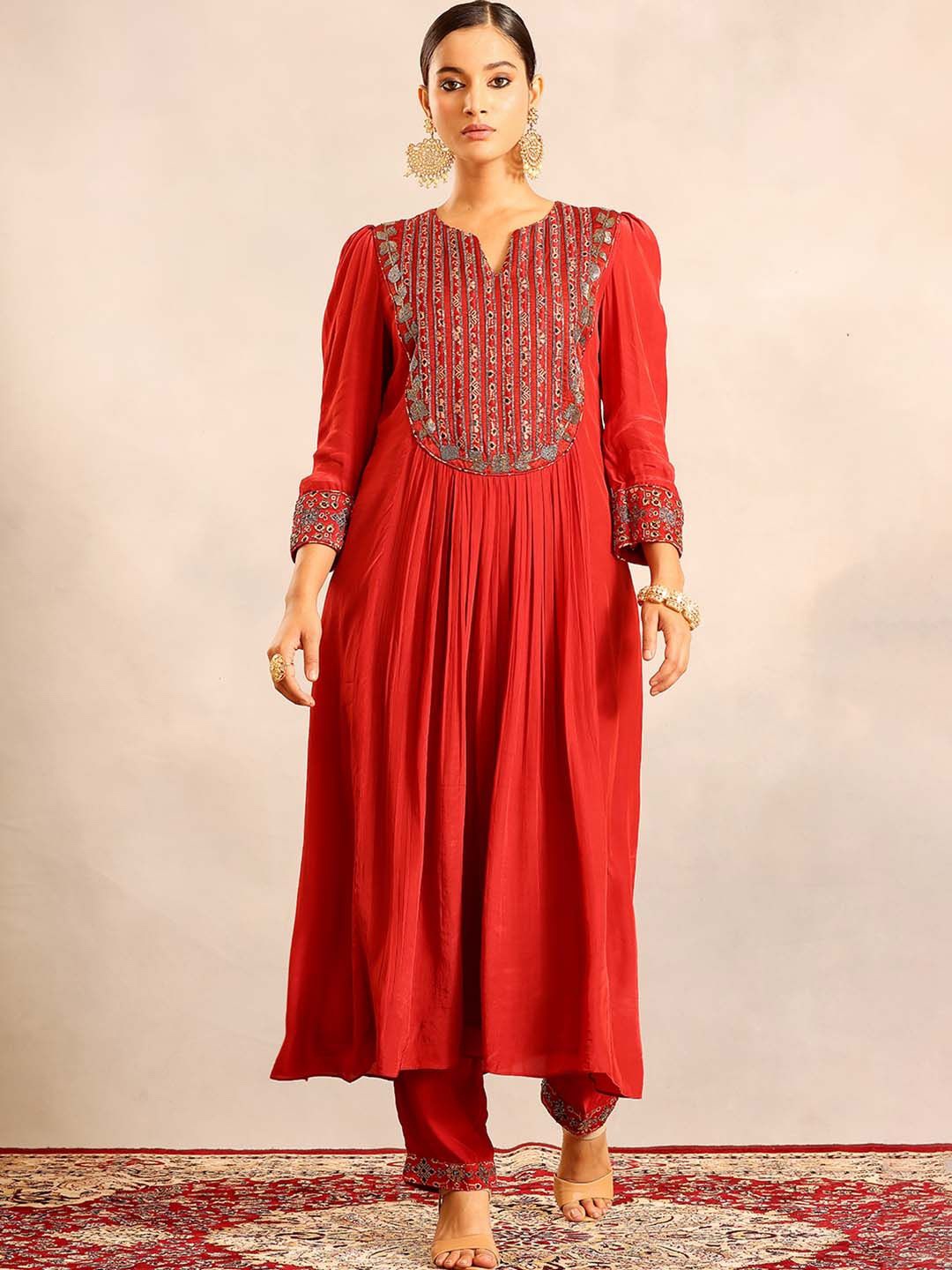 

Sejal Kamdar Venetian Yoke Design Notch Neck Beads and Stones A-Line Kurta With Trousers, Red