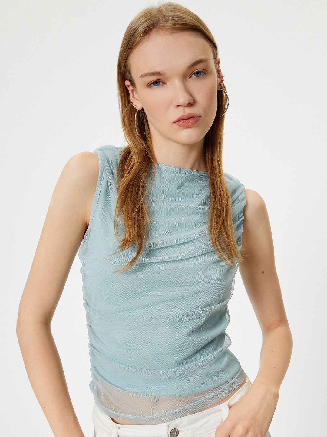

Koton Women Solid Boat Neck Polyester Top, Blue