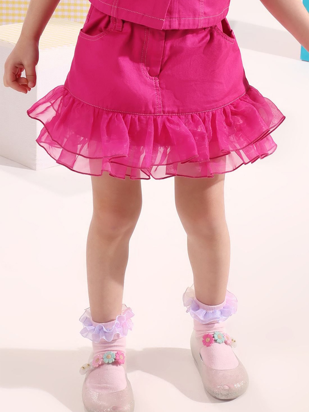 

One Friday Girls Solid Ruffles Mini Skirt, Pink
