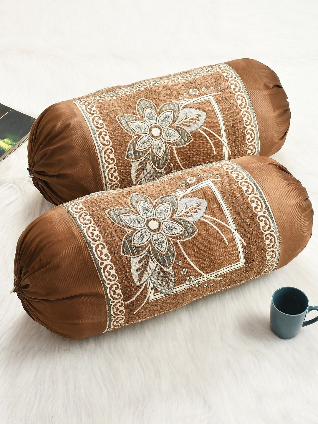 

hargunz Brown & Off-White 2 Pieces Self Design Chenille Velvet Bolster Covers