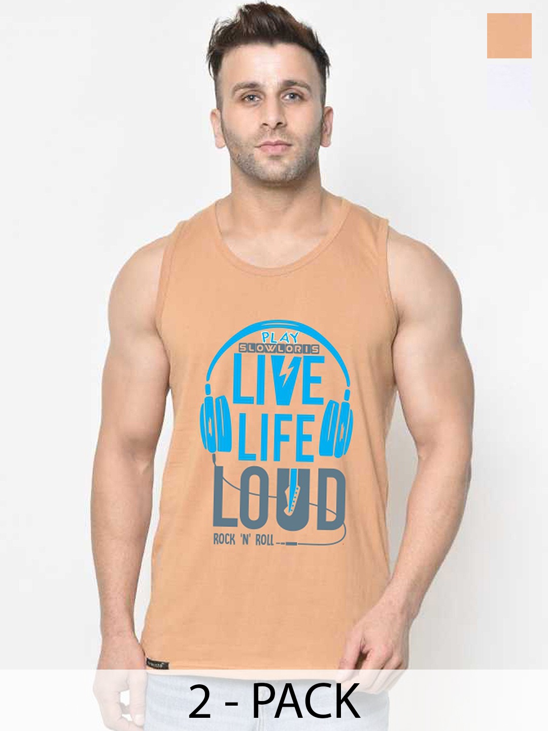 

SLOWLORIS Pack Of 2 Printed Men Gym Vests, Rust