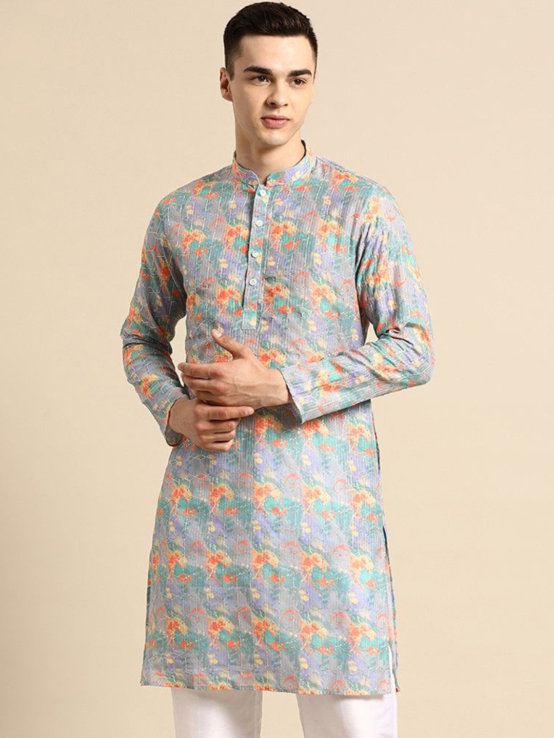 

Sayisha Abstract Printed Mandarin Collar Silk Straight Kurta, Blue