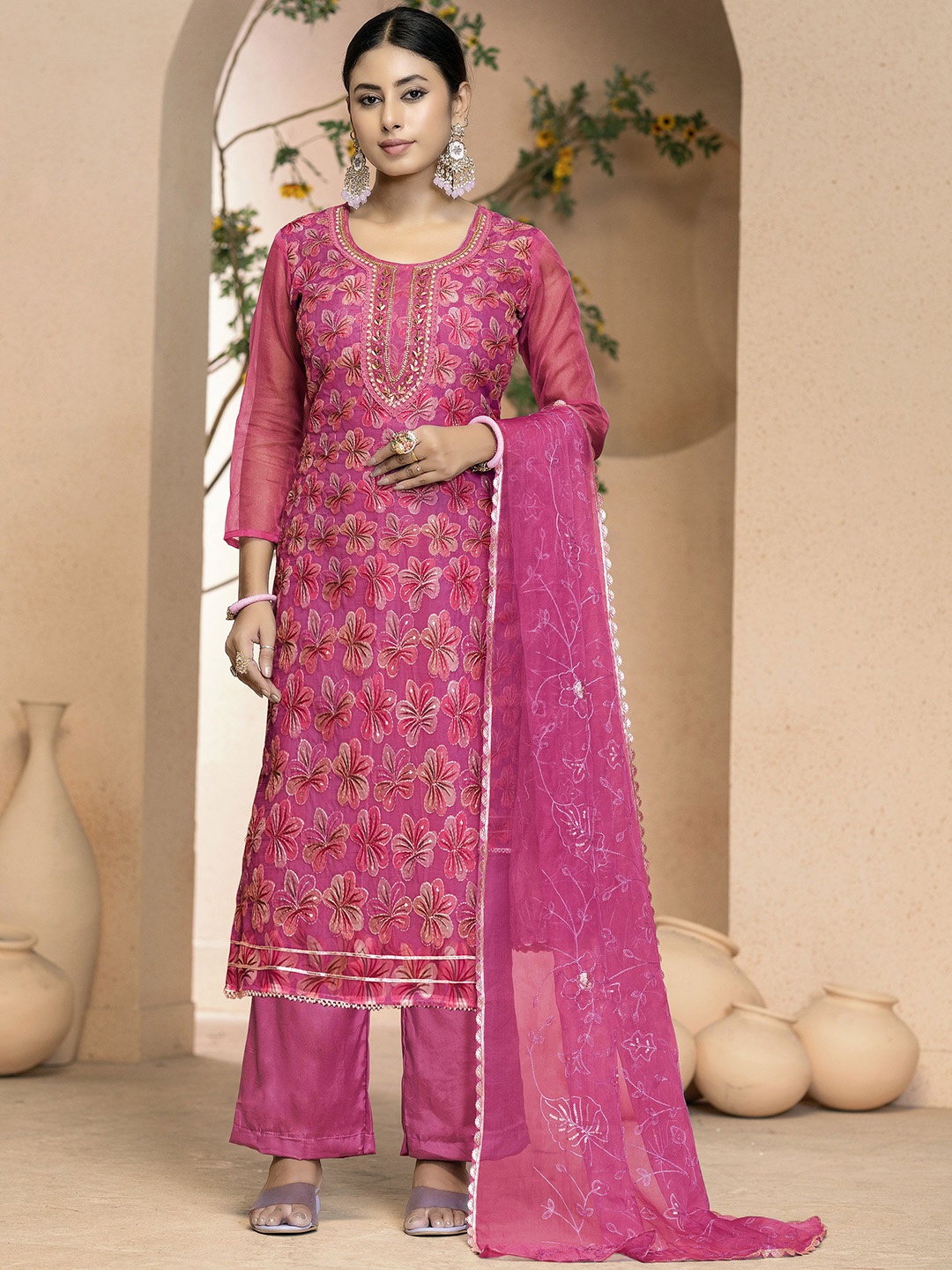 

MANVAA Sequinned Floral Embroidered Organza Unstitched Dress Material, Pink