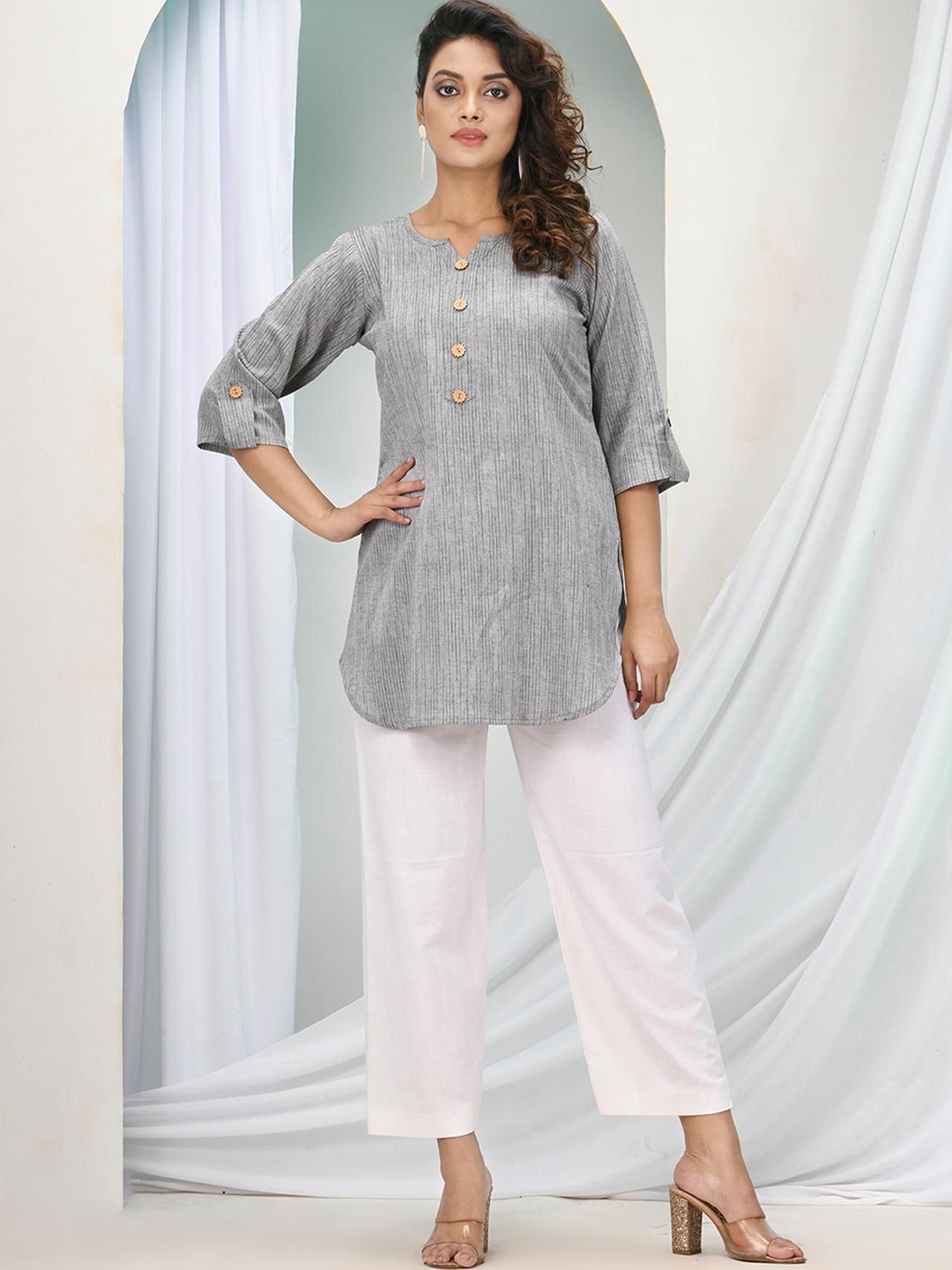 

Angoshobha Woven Design Regular Pure Cotton Straight Kurti With Trousers, Silver