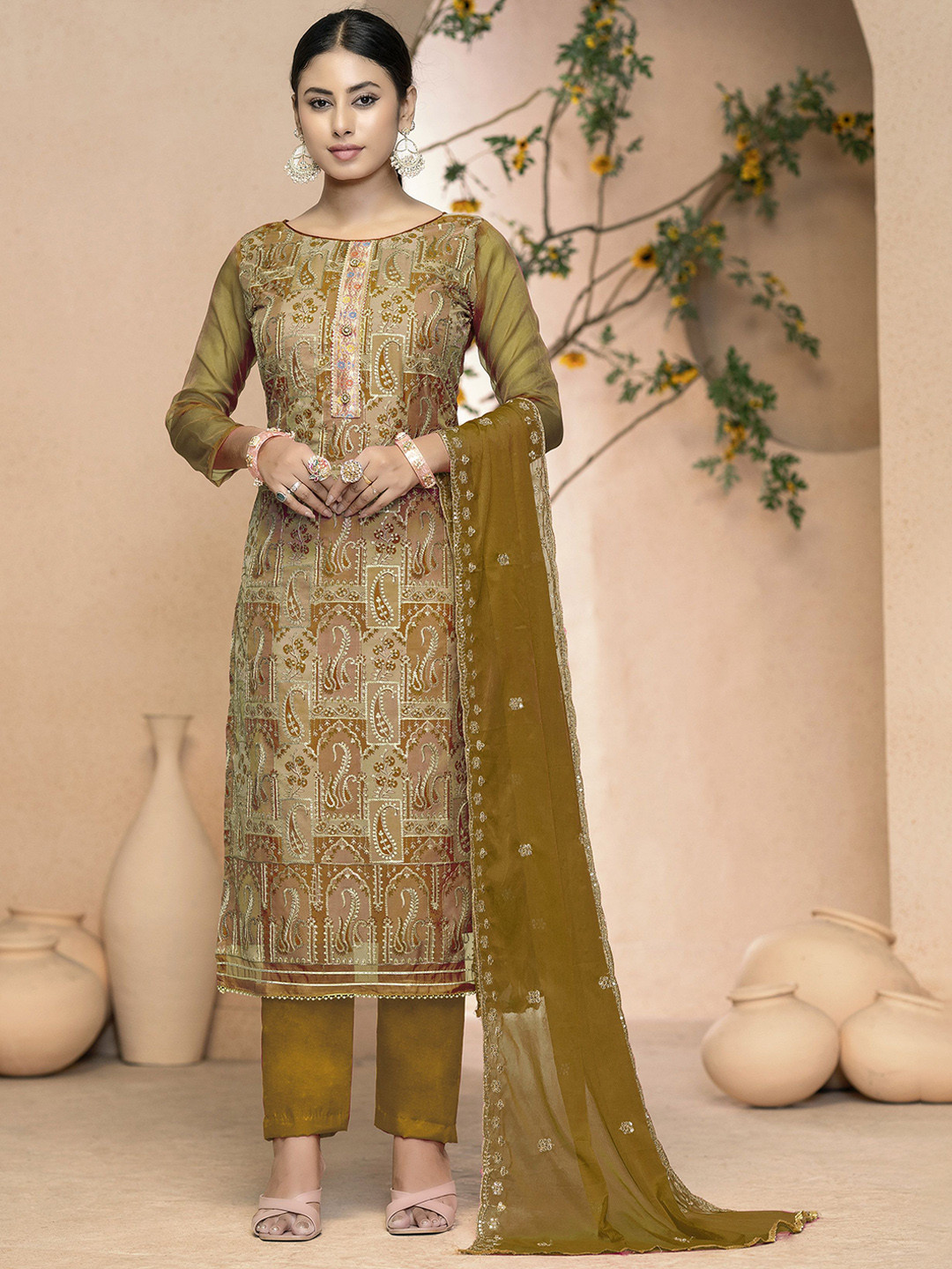 

MANVAA Sequinned Paisley Embroidered Organza Unstitched Dress Material, Green