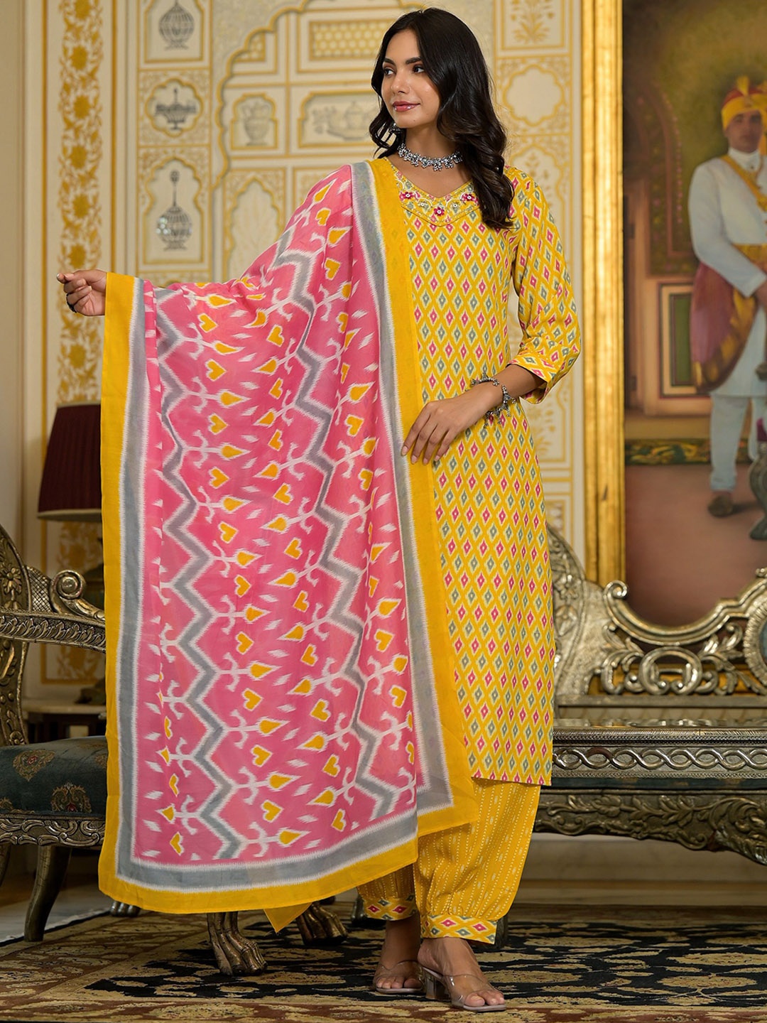 

KALINI Geometric Printed Embroidered Straight Kurta With Trousers & Dupatta, Orange