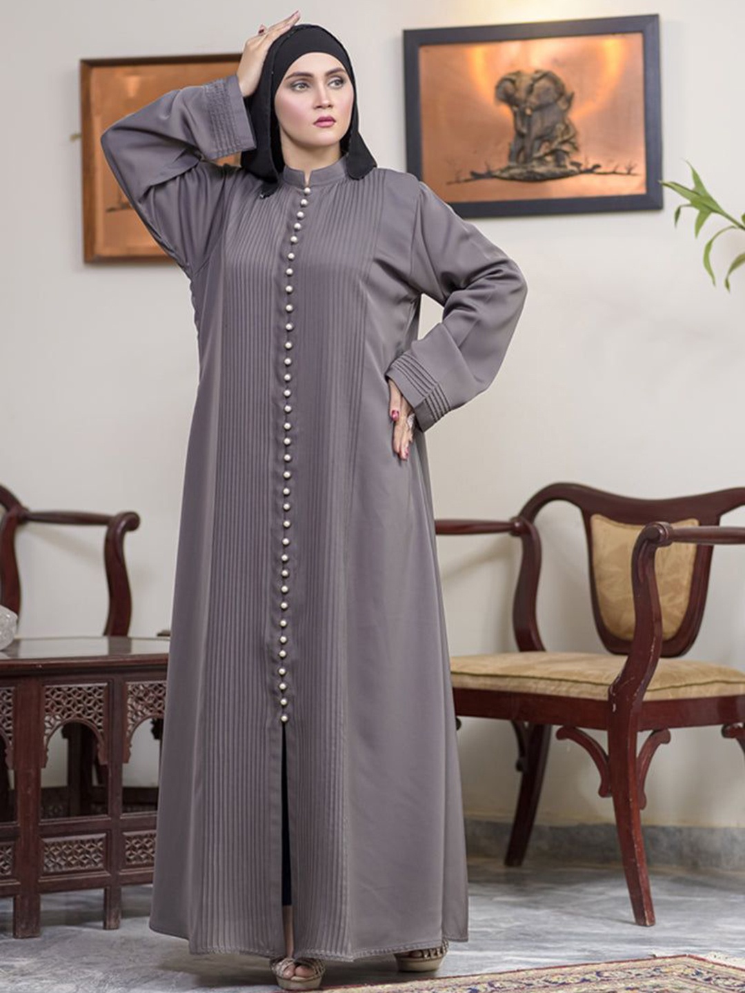 

MUSHKIYA Solid Abaya Burqa With Hijab, Grey