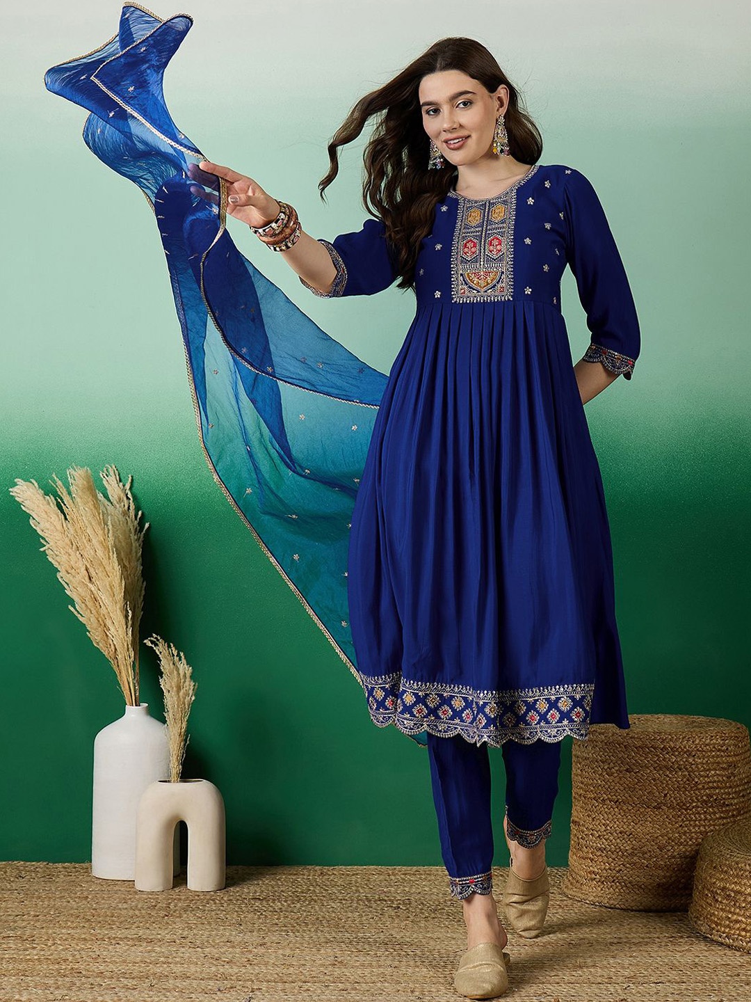 

Sangria Floral Embroidered A Line Kurta With Pant & Dupatta, Blue