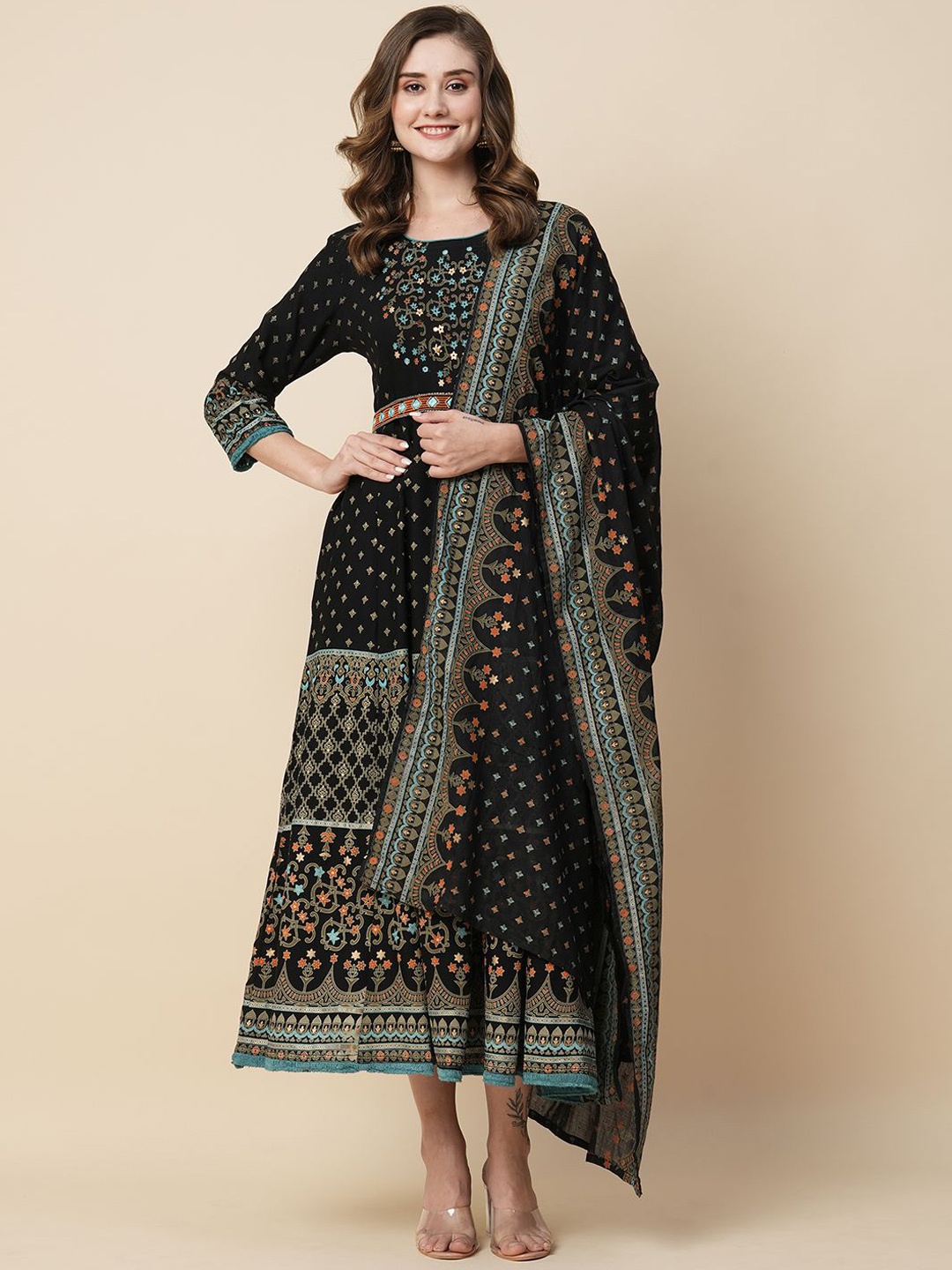 

KALINI Floral Printed Round Neck Anarkali Kurta With Dupatta, Black