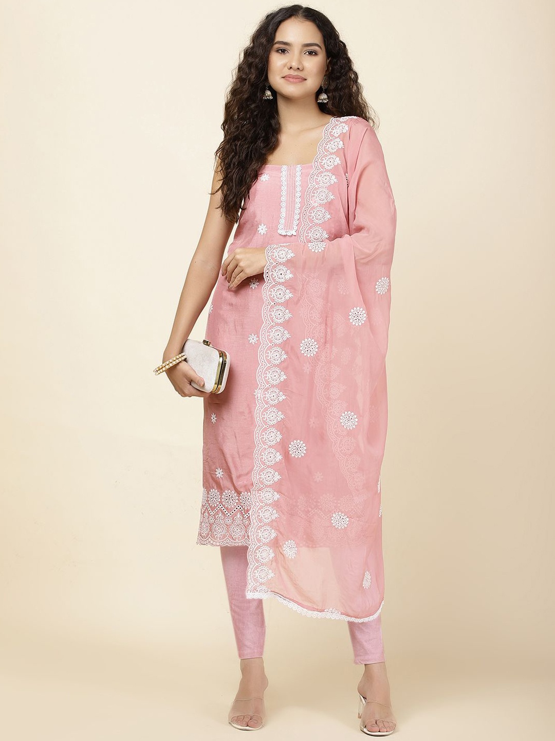 

Meena Bazaar Floral Embroidered Chanderi Unstitched Dress Material, Pink