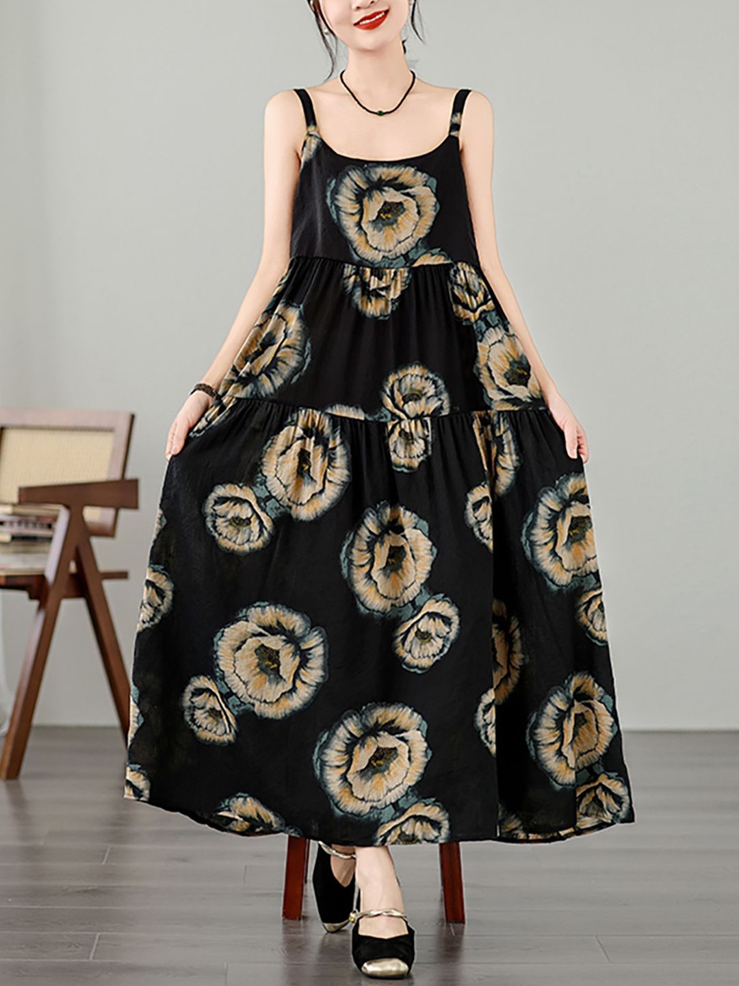

JC Mode Floral Printed A-Line Maxi Dress, Black