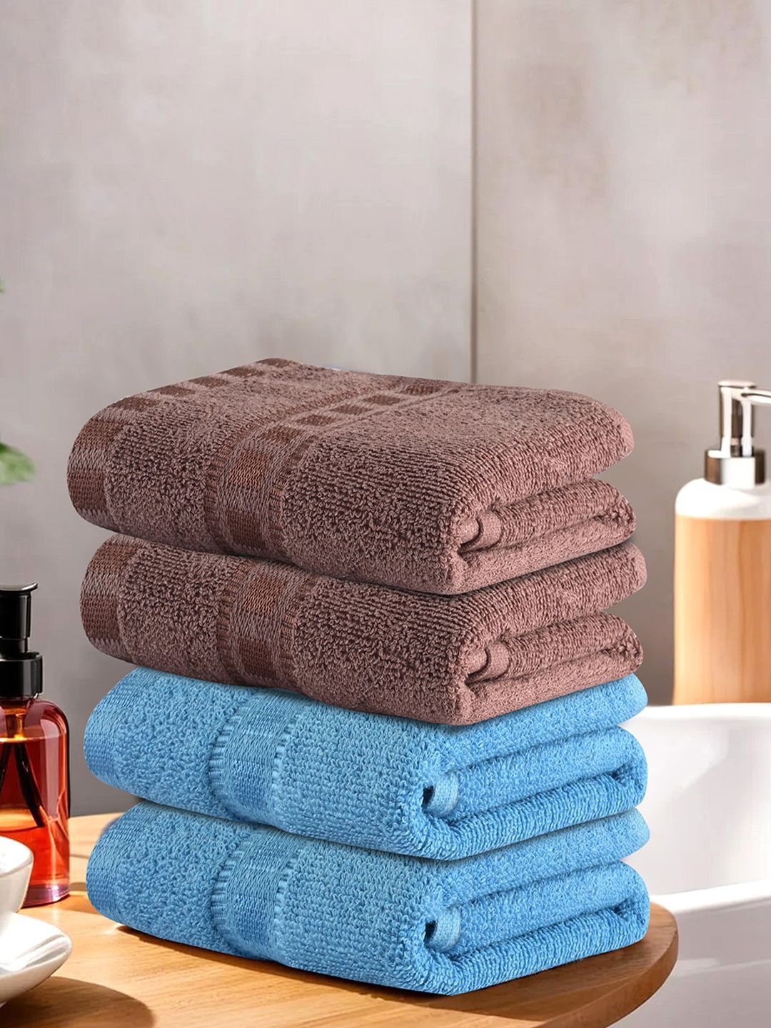 

Kuber Industries Blue & Brown 4 Pieces Self Design Cotton Face Towels