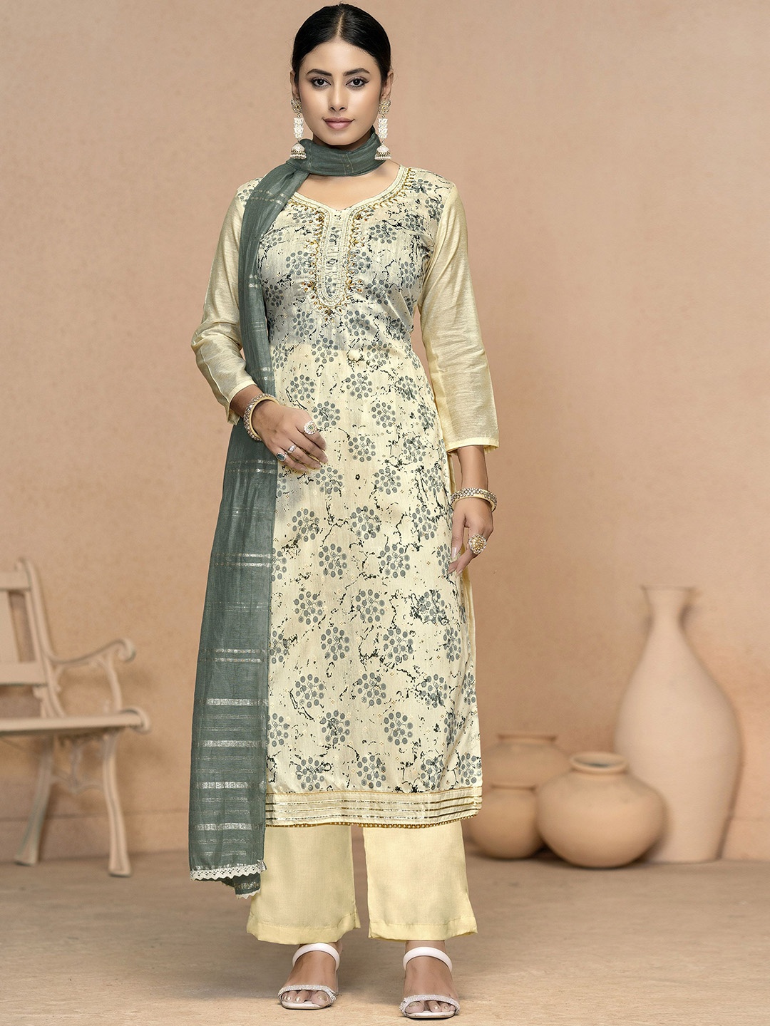 

MANVAA Embellished Zari Work Unstitched Dress Material, Yellow