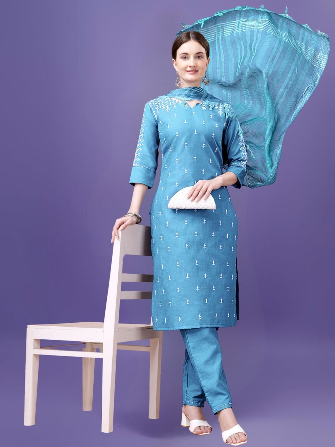 

KAZIA Women Ethnic Motifs Embroidered Regular Thread Work Kurta with Trousers & With Dupatta, Turquoise blue