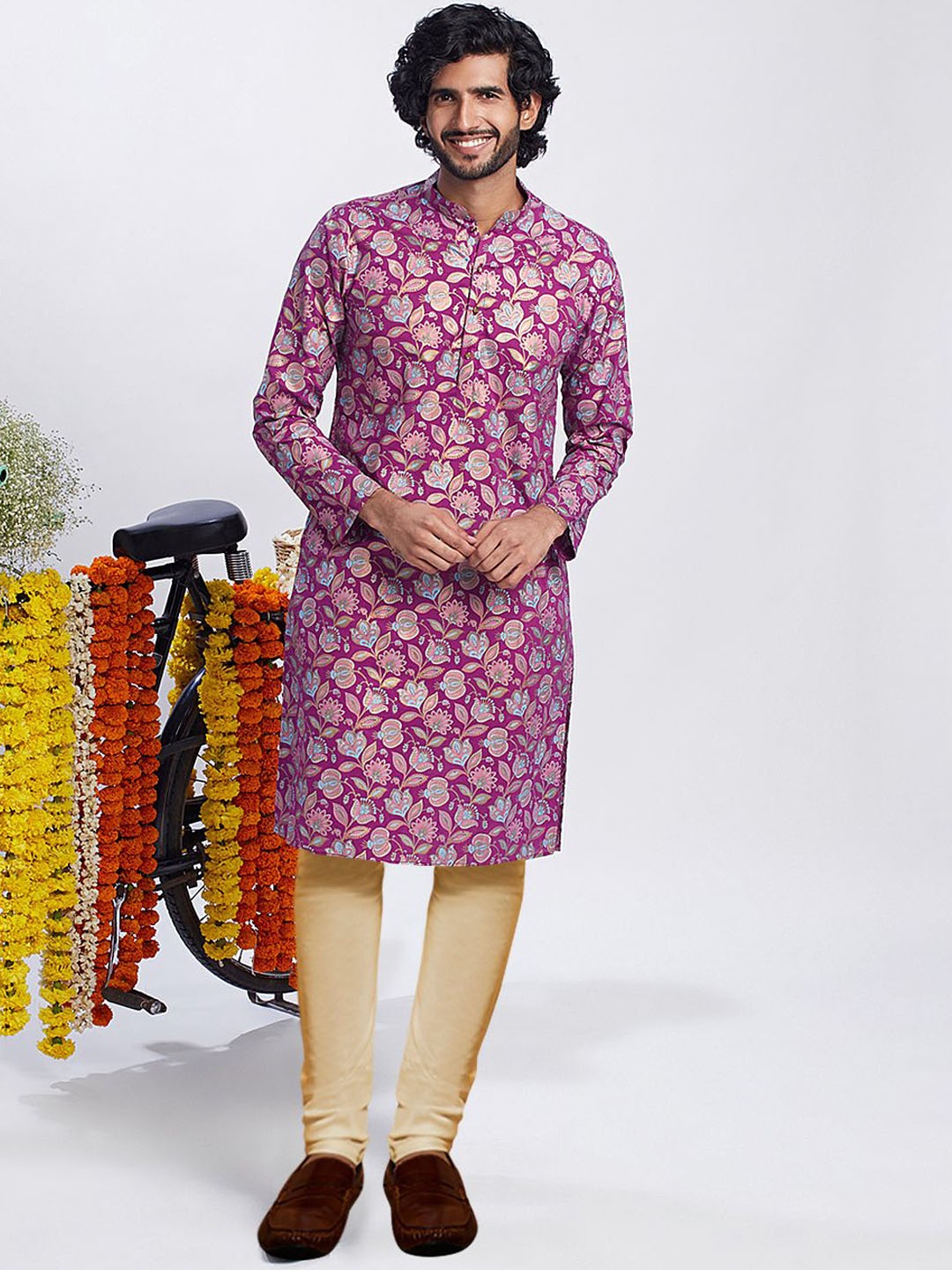 

Anouk Pink Floral Printed Mandarin Collar Straight Kurta with Churidar