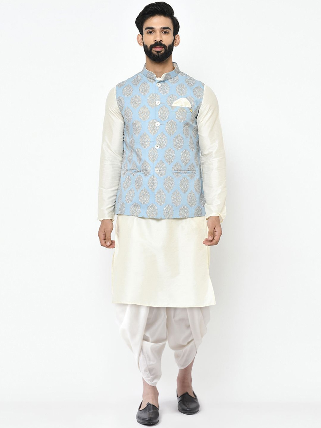 

Anouk Blue Mandarin Collar Straight Kurta With Dhoti & Nehru Jacket