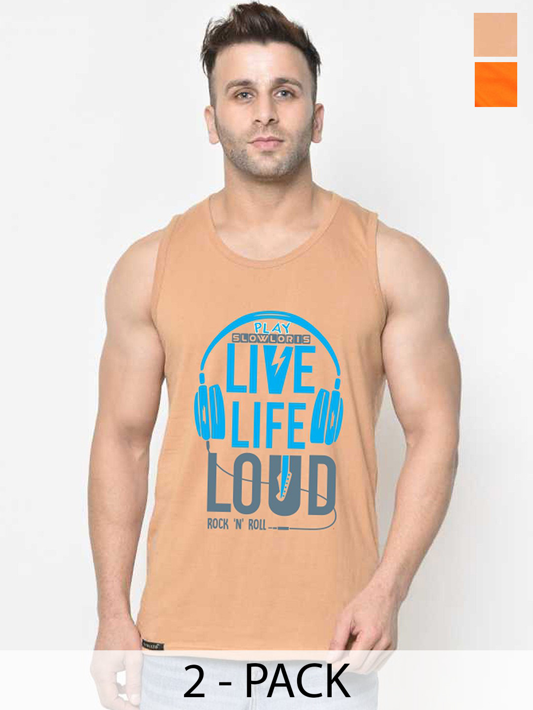 

SLOWLORIS Pack Of 2 Printed Men Gym Vests, Rust