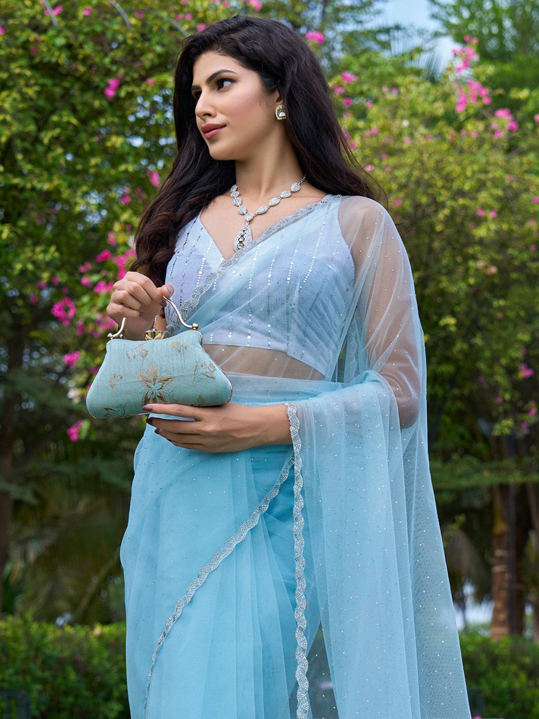 

Saree mall Embellished Beads and Stones Net Sarees, Blue