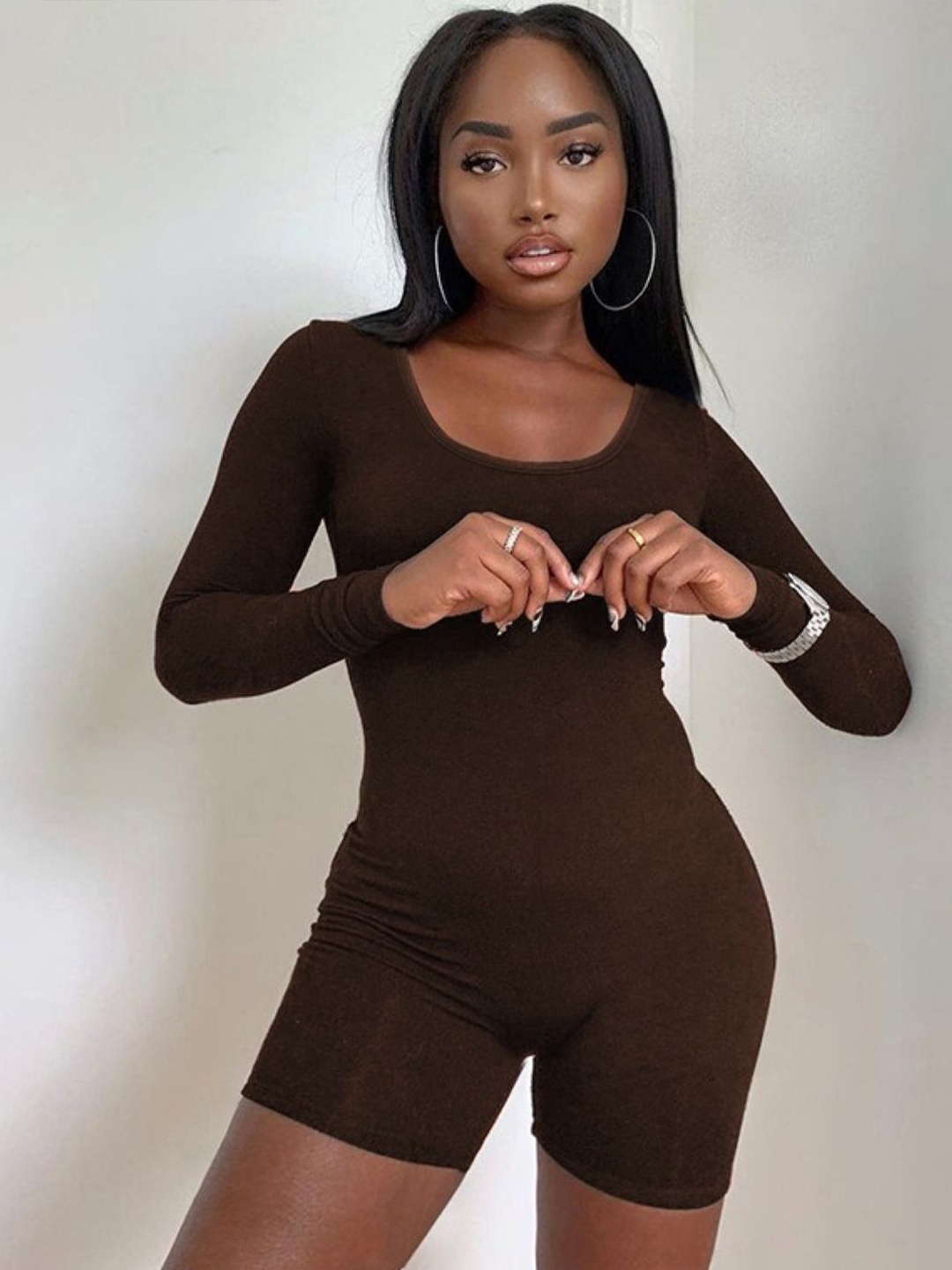 

StyleCast Scoop Neck Solid Long Sleeves Jumpsuit, Brown