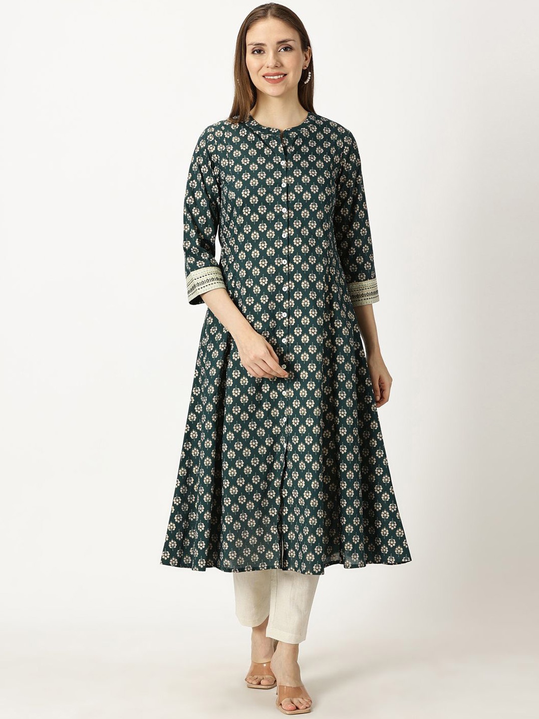 

Saffron Threads Floral Printed Mandarin Collar Pure Cotton A-Line Cotton, Green