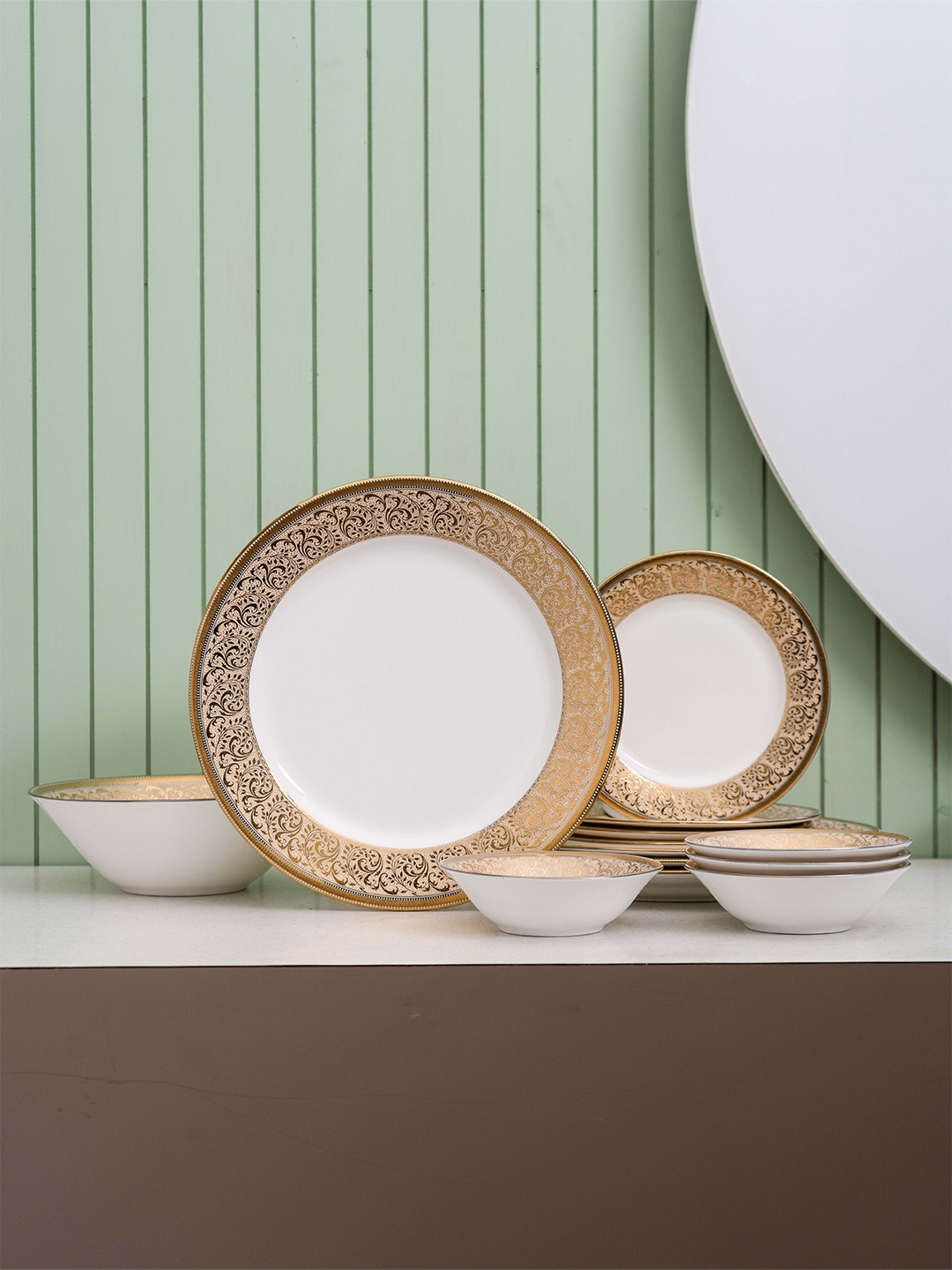 

CLAY CRAFT Ebony White & Gold-Toned 13 Pieces Textured Ceramic Glossy Dinner Set